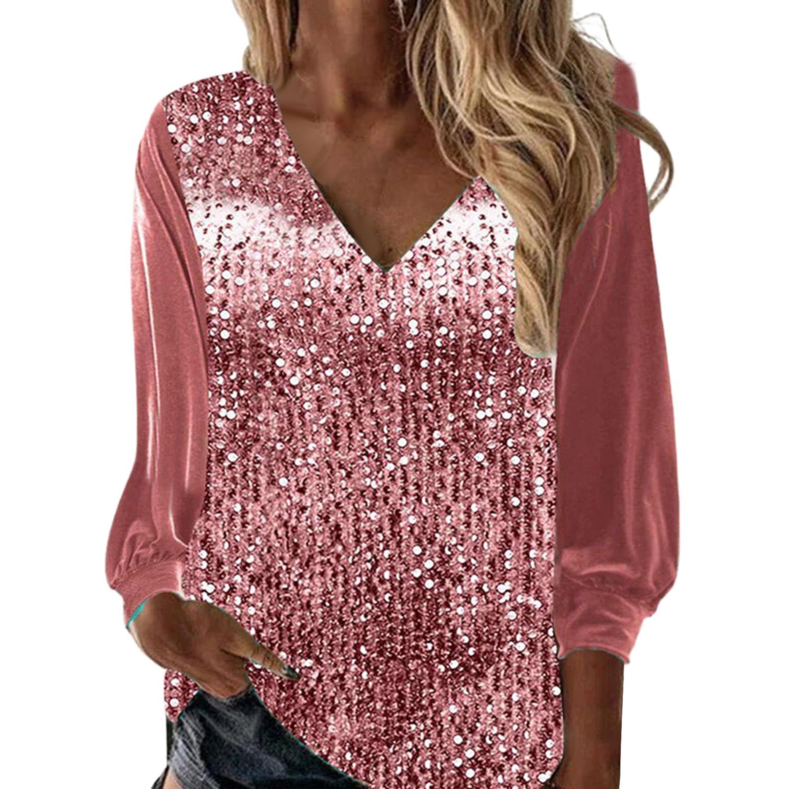 SkotO Túnica para mujer elegante con lentejuelas, blusa festiva con cuello en V, camisa sexy, elegante, camiseta brillante, parte superior, fiesta, manga larga, informal, cuello redondo