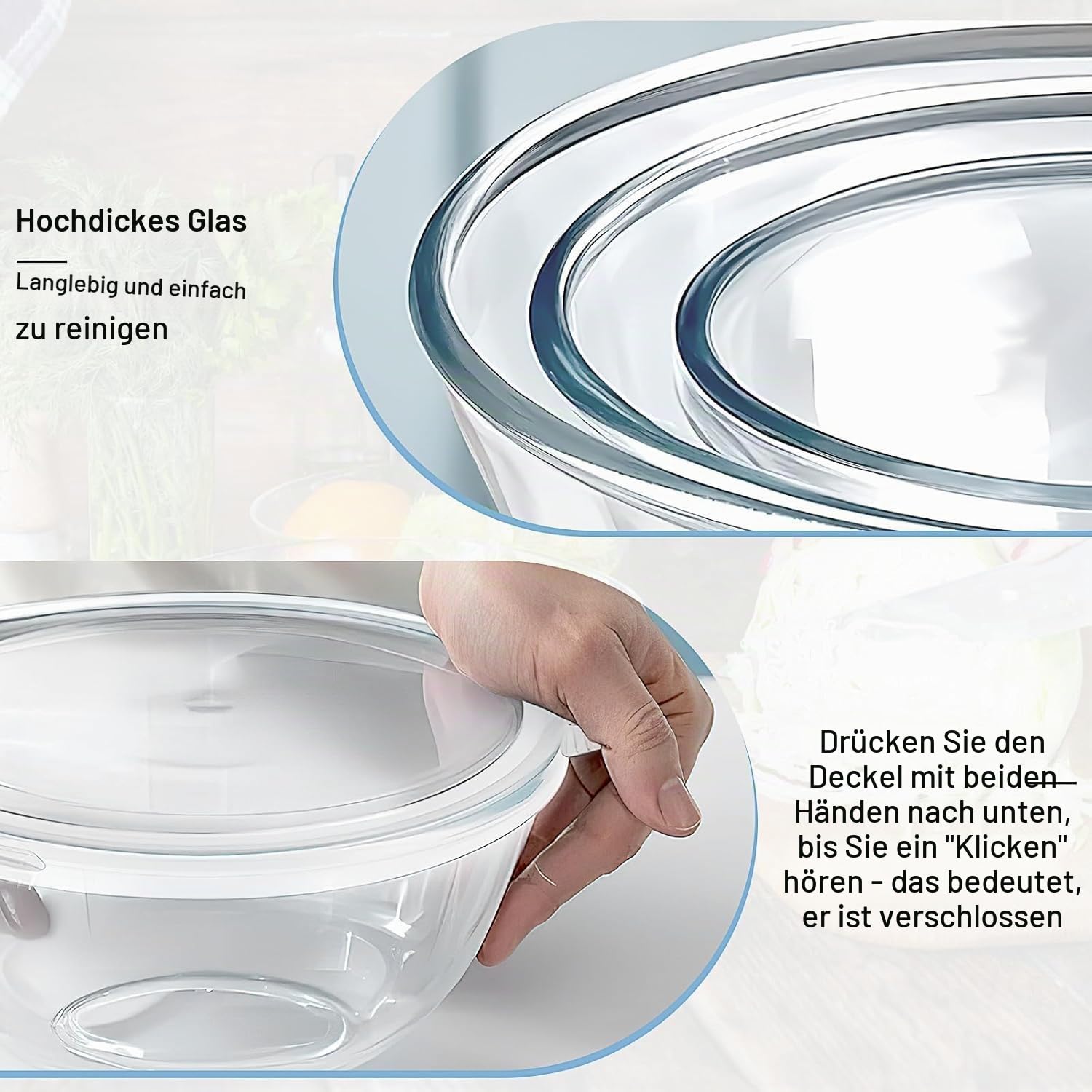 3er Set Glas Salatschüssel mit Deckel, Rund Glasschüsseln (4,2L, 2,5L, 2L) | Stapelbare Borosilikatglas Rührschüsseln, spülmaschinenfest, zum Backen, Vorbereiten, Aufbewahren und Servieren