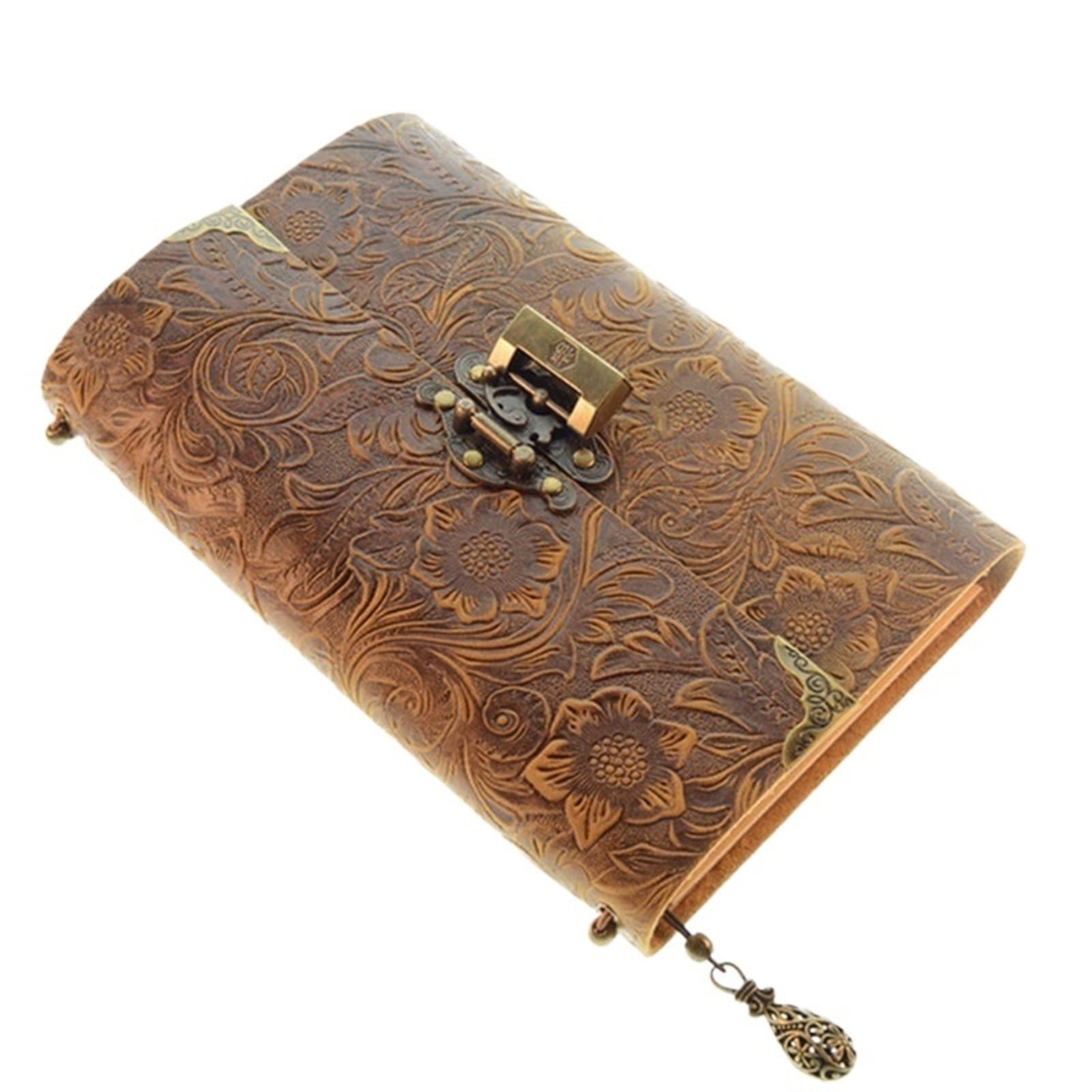 Geprägtes Muster, weiches Leder-Reisenotizbuch mit Schloss und Schlüssel, Tagebuch, Notizblockpapier for geschäftliches Skizzieren und Schreiben für Frauen, Männer, Mädchen und Jungen(Brown)