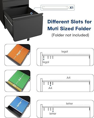 Miniatura 5 de YOLEO Archivador de 3 cajones, archivadores de metal con ruedas de bloqueo y riel colgante para archivo A4legalcarta, diseño antiinclinación debajo