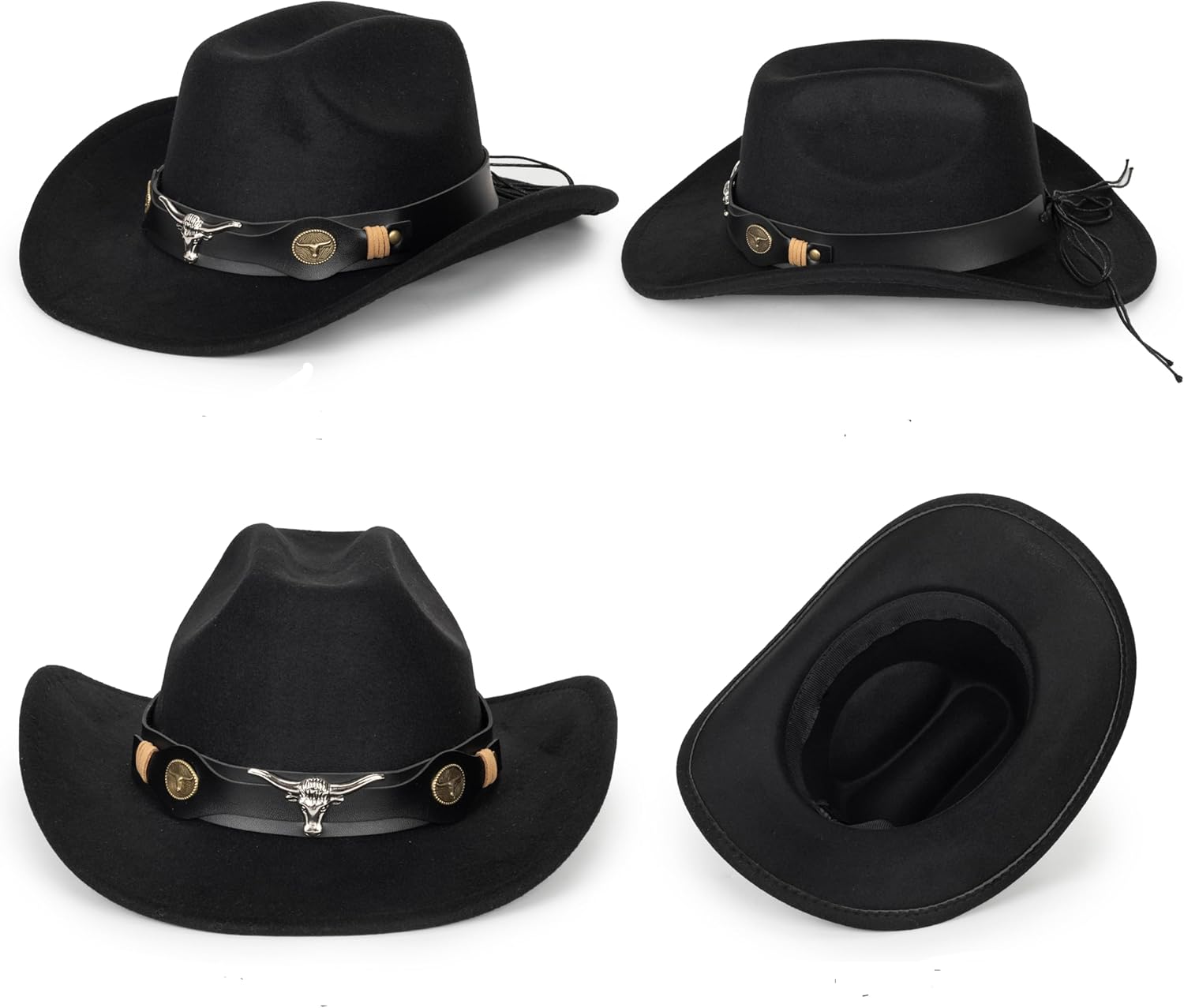 Black Cowboy Cowgirl Hat for Women Men Western Style Wide Brim Felt Fedora Panama Hat with Detachable Belt Buckle - Image 3