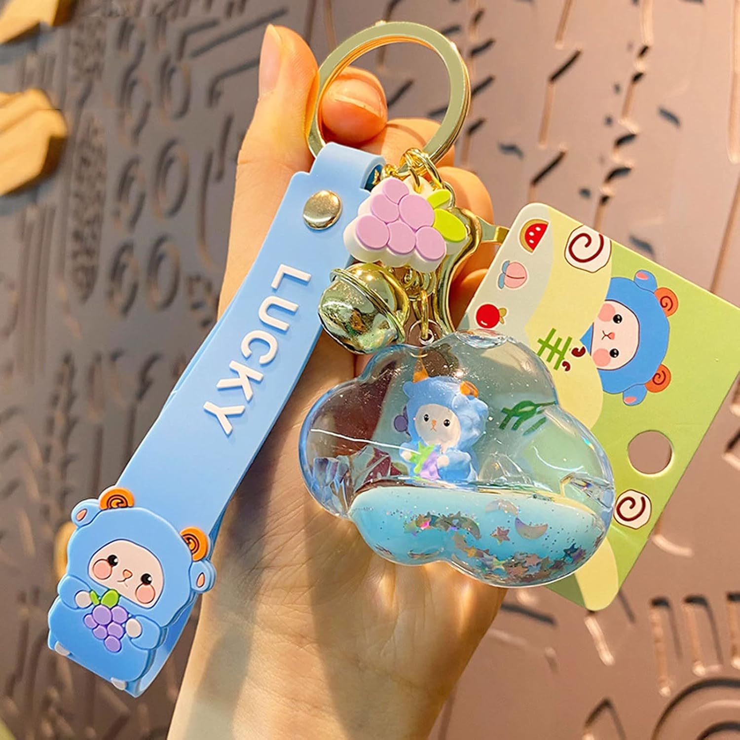 Cute Kawaii Floating Fruit Sheep Character Cloud Design Backpack Car Key Pendant Kids Girls Women Handbag Wallet Clear Acrylic Glitter Liquid Keychain Blue - Image 2