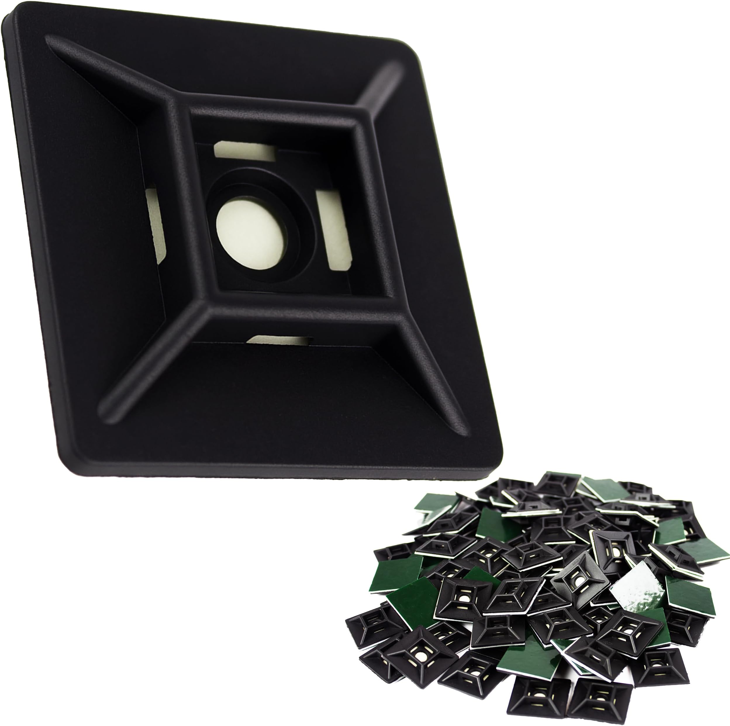 Zip Tie Adhesive-Backed Mounts 100Pk. Professional-Grade, UV Black Cable Tie Bases, 1.1 x 1.1. Screw-Hole Anchor Point Provides Optimal Strength for Long-Term Durability & Use and Clutter-Free Cables.
