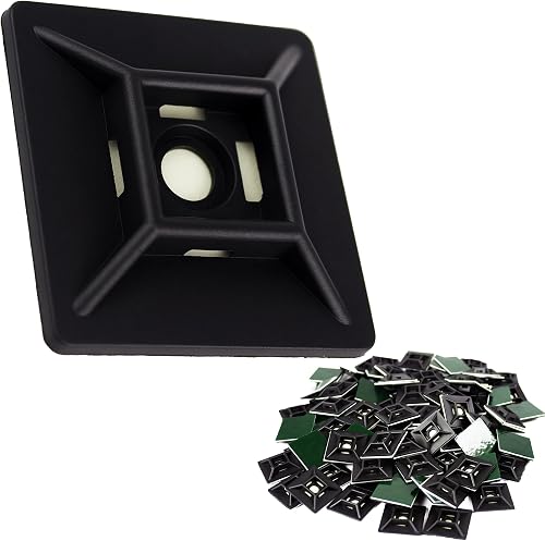 Zip Tie Adhesive-Backed Mounts 100 Pack by Phyxology Supply. Professional-Grade, UV Black Cable Tie Bases: 1.1 x 1.1. Screw-Hole Anchor Point Provides Optimal Strength for Long-Term Durability & Use