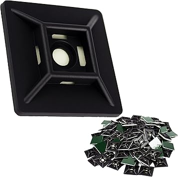 Zip Tie Adhesive-Backed Mounts 100Pk. Professional-Grade, UV Black Cable Tie Bases, 1.1 x 1.1. Screw-Hole Anchor Point Provides Optimal Strength for Long-Term Durability & Use and Clutter-Free Cables.