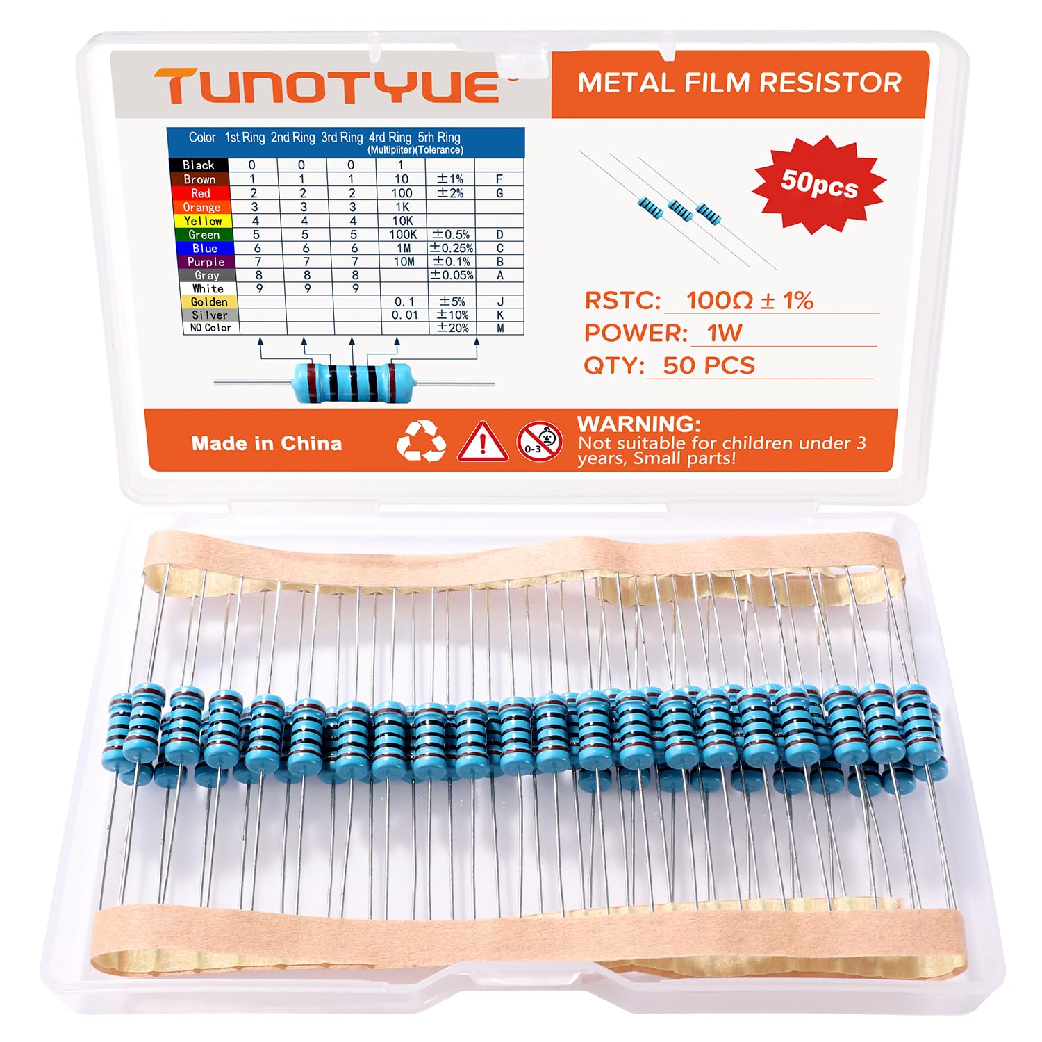 50 Pezzi 1W 100Ω Resistori Fissi a Film Metallico 1% Tolleranza per DIY