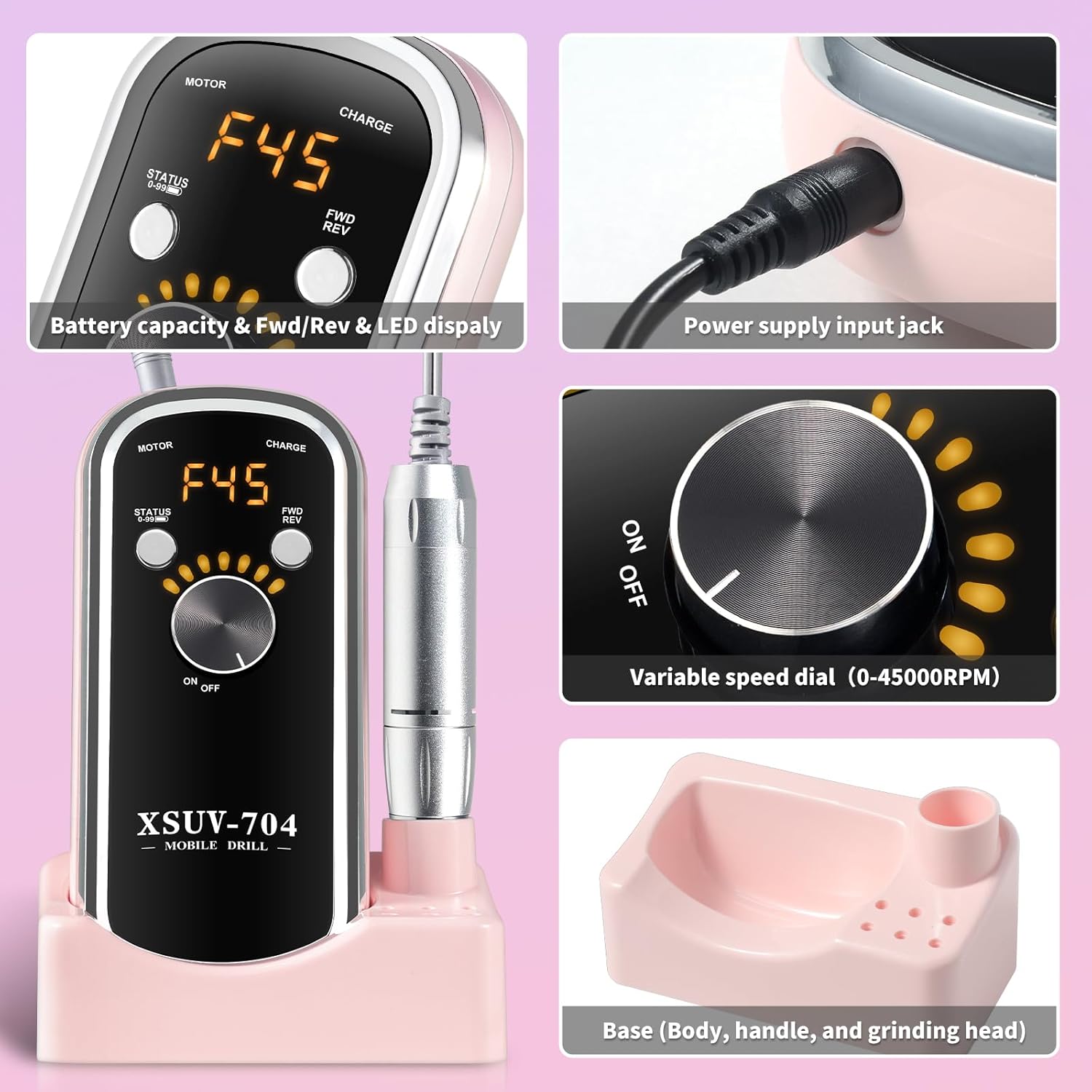 Professional Electric Nail Drill Kit 45000RPM with Bits and Base Pink Portable Rechargeable Cordless Nail E- File Machine for Acrylic Gel Powder Nails and Manicure Pedicure Toenail Tool Set