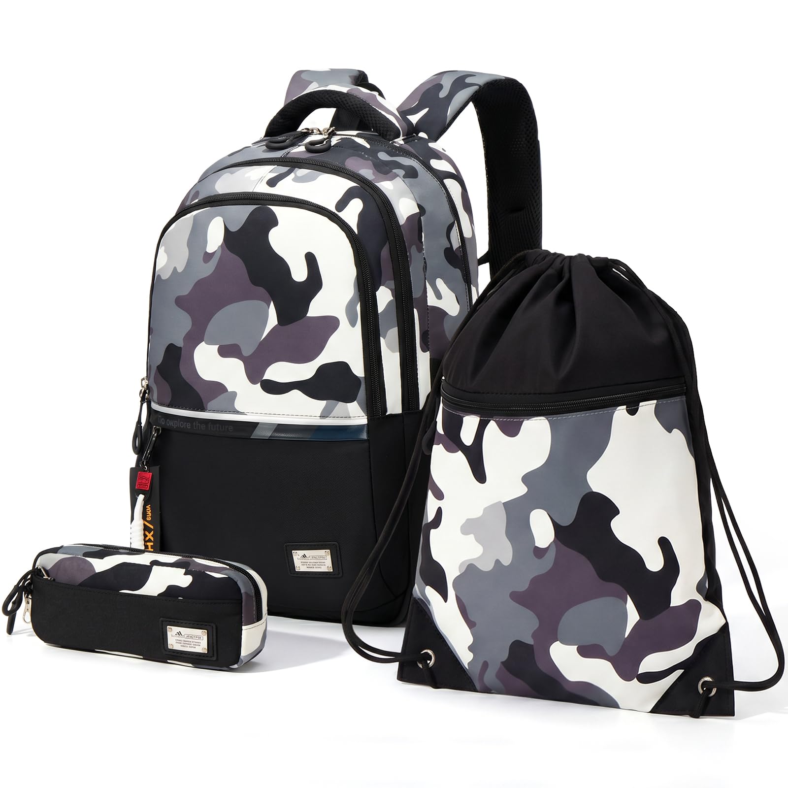 Amythe Schulrucksack-Set Jungen – 3-teilig ab Klasse 5, zum Schulanfang | Set: Rucksack Teenager + Drawstring-Bag + Federmäppchen. Leicht (650g). Wasserabweisend. 15,6" Laptopfach. Trolley-kompatibel