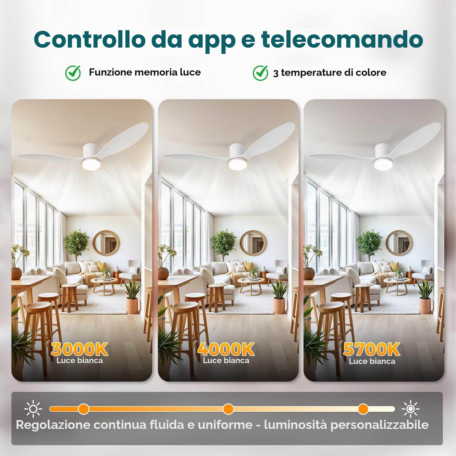 Silenzioso Ventilatore da Soffitto 130CM Con Luce e Telecomando - 60W DC Reversibile, 6 Velocità, 3 Pale, Timer, Lampada Dimmerabile - Bianco