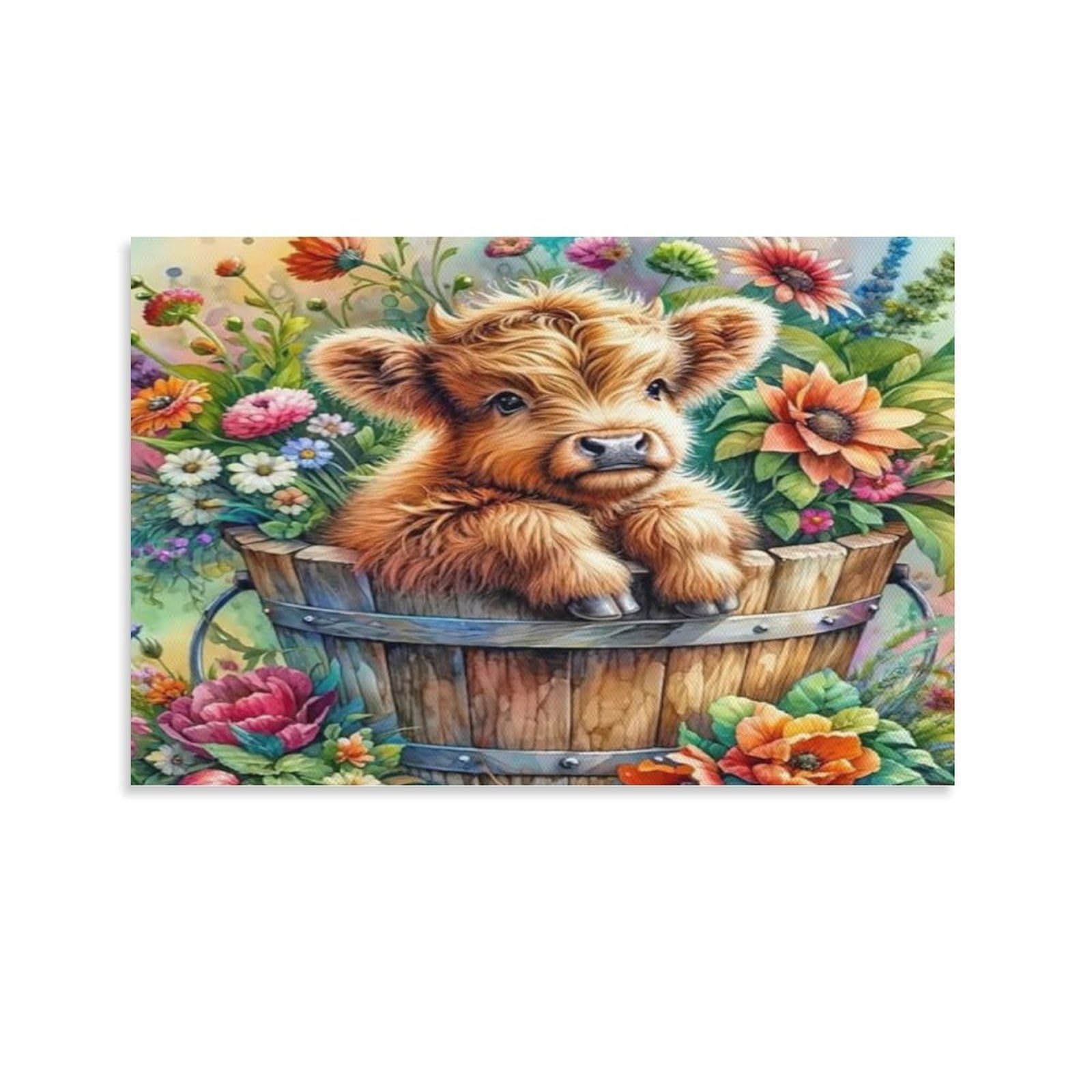 CPLVKWRQJ Cute Calf In Basket Individual Highland Calf Wooden Bucket Wildflowers Canvas Print - Bedroom Canvas Painting Easy to Clean Statement Piece Decor 20x30inch(50x75cm)