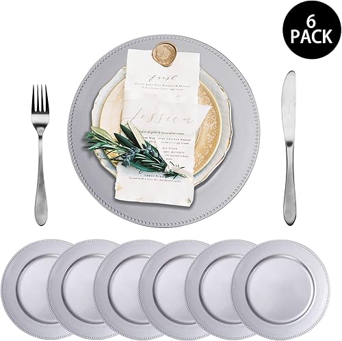 Miniatura 44 de MAONAME Juego de 6 platos de carga dorados de 13 pulgadas, cargador redondo para platos llanos, cargadores de platos con borde de cuentas