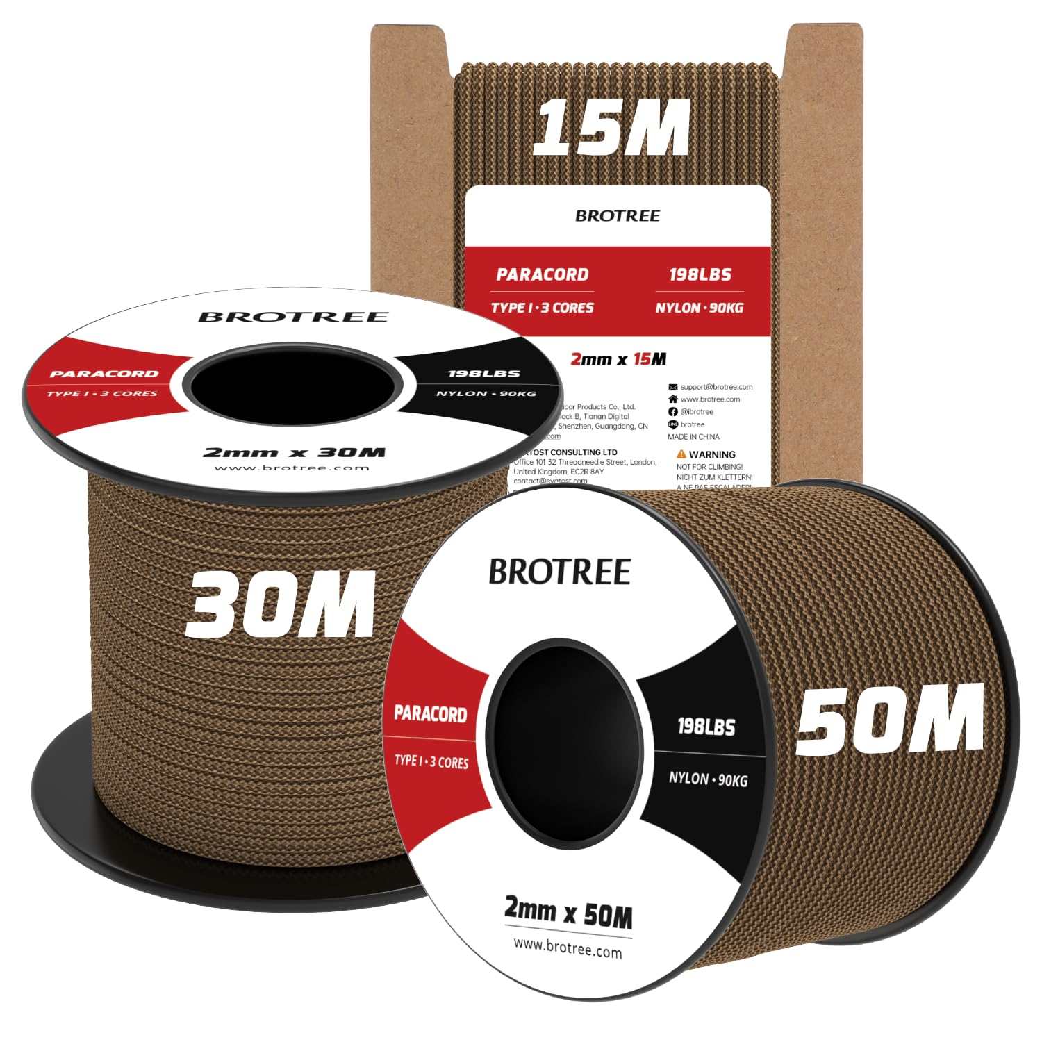 Brotree 2mm Paracord 3 Strands 50M 100% Nylon Rope Parachute Cord for Outdoor, Craft, DIY - 90kg Breaking Load (Mud Brown)