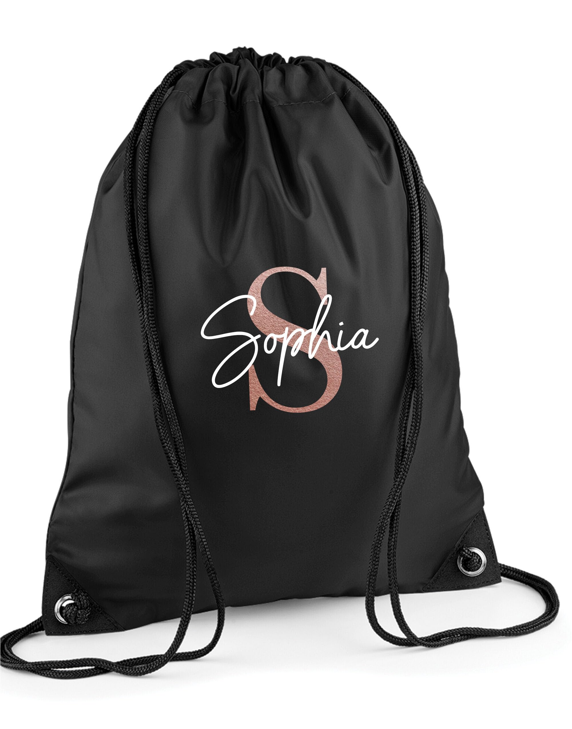 Daytripper Personalised Drawstring Bag For Girls and Boys, Custom Name & Initial, Gym Bags For Kids, Swimming Bag, PE Gymsac, Primary School, Nursery, Glitter (BLACK-ROSE-GOLD)