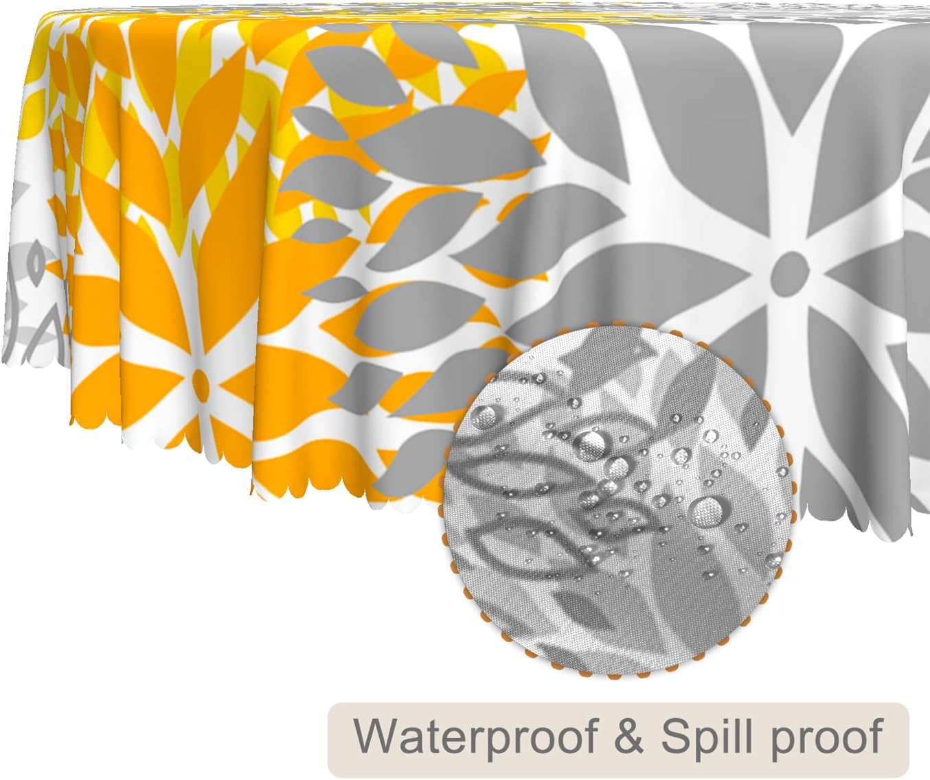Dahlia Floral Round Tablecloth 60 Inch Grey Yellow Abstract Flowers Table Cloth Modern Art Geometric Waterproof Fabric Table Cover for Kitchen Dining Room Indoor Outdoor Patio Home Decor