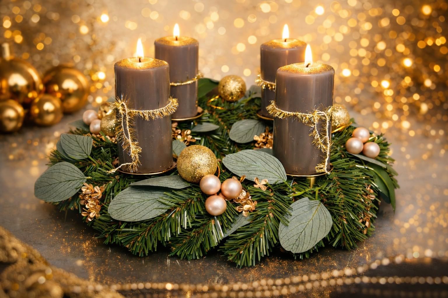 Adventskranz künstlich Taupe Gold 40 cm Weihnachten Advent Gesteck Adventkranz