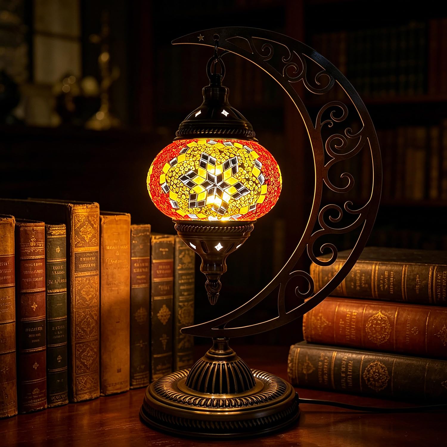 Moroccan Turkish Table Lamp Moon Shaped Turkish Mosaic Stained Glass Night Light with Bronze Base H 15.35in USB Powered Bedside Lamp for Boutique Home Dining Room Party Christmas Decor(Colorful16) — image 1