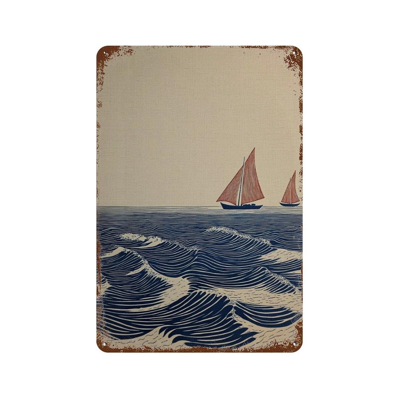 xiaoxiaoshen Sailboat Ocean Coastal Minimalist Seascape Blue Wave Nautical Woodblock Wall Decor Art Metal Tin Poster Modern Home Decor Art Home Bar Shop Decorations Vintage Sign 30x20cm