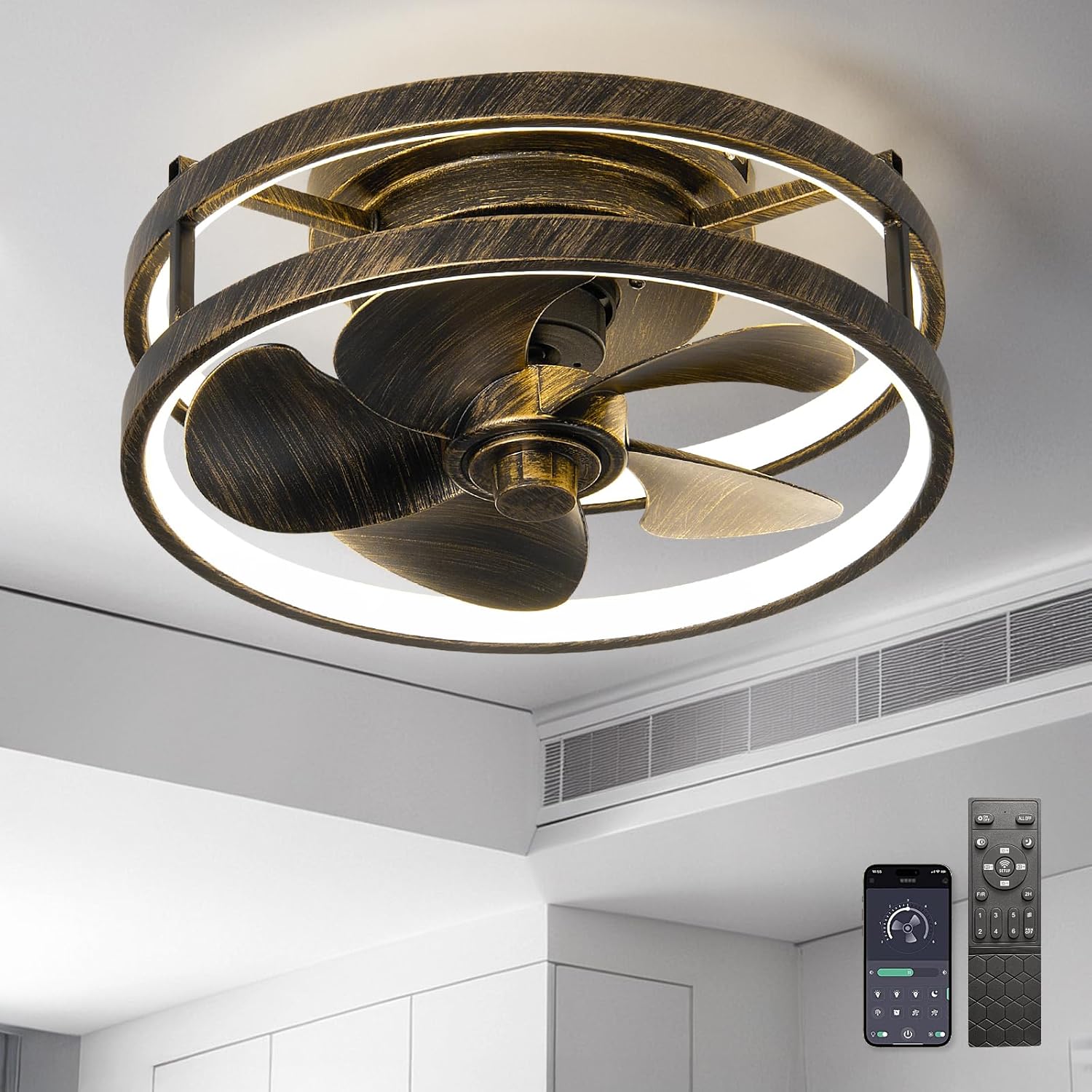 Small Ceiling Fan with Light with Remote 13" Low Profile Flush Mount Modern Fandalier LED Smart Light Fan,Modern Lighting Fans for Bedroom Living Room (Black Golden)