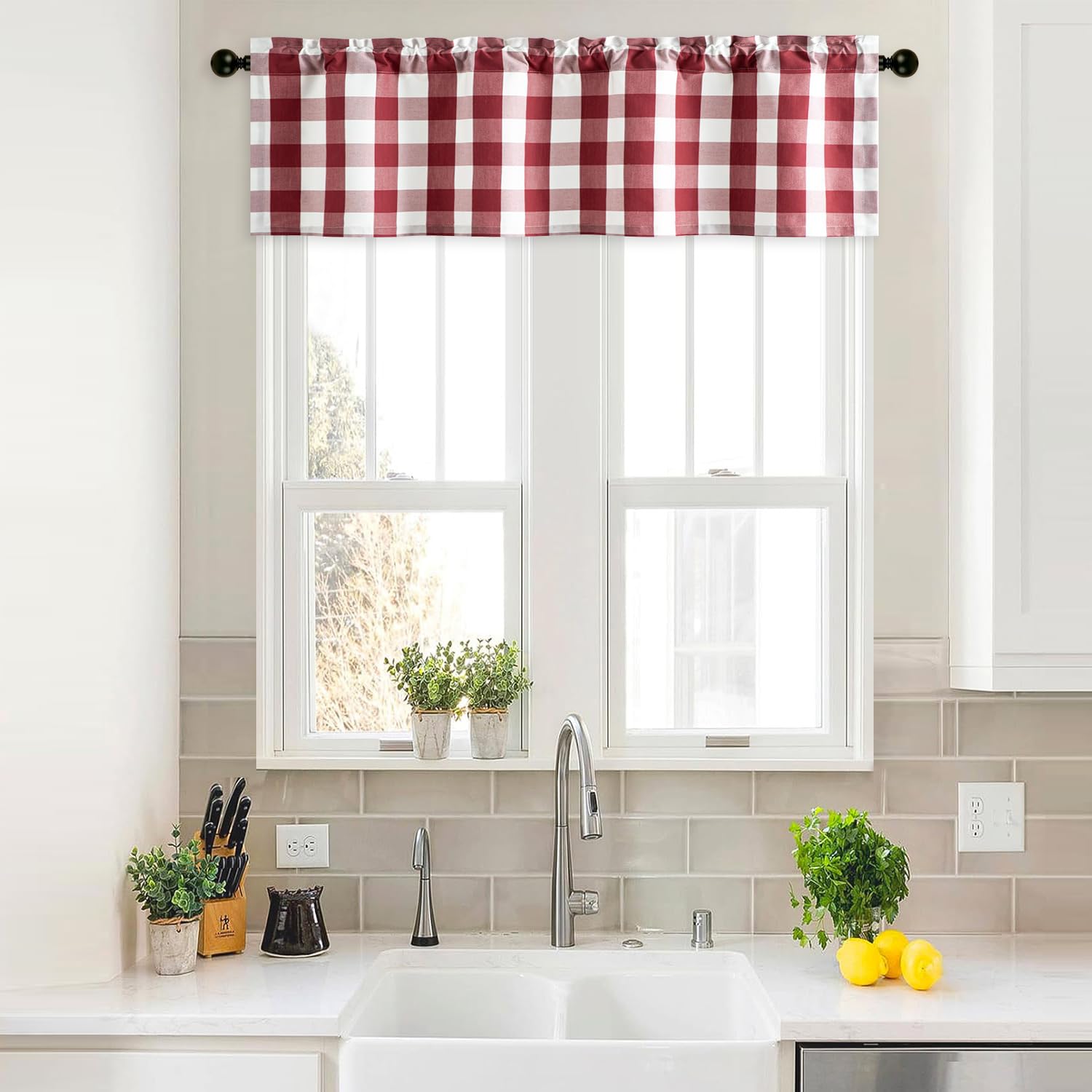 VOGOL Buffalo Check Valance for Windows, Red Kitchen Garden Farmhouse Valance, 52 x 12 Rod Pocket Curtain Panels for Small Windows, 1 Panel — image 1