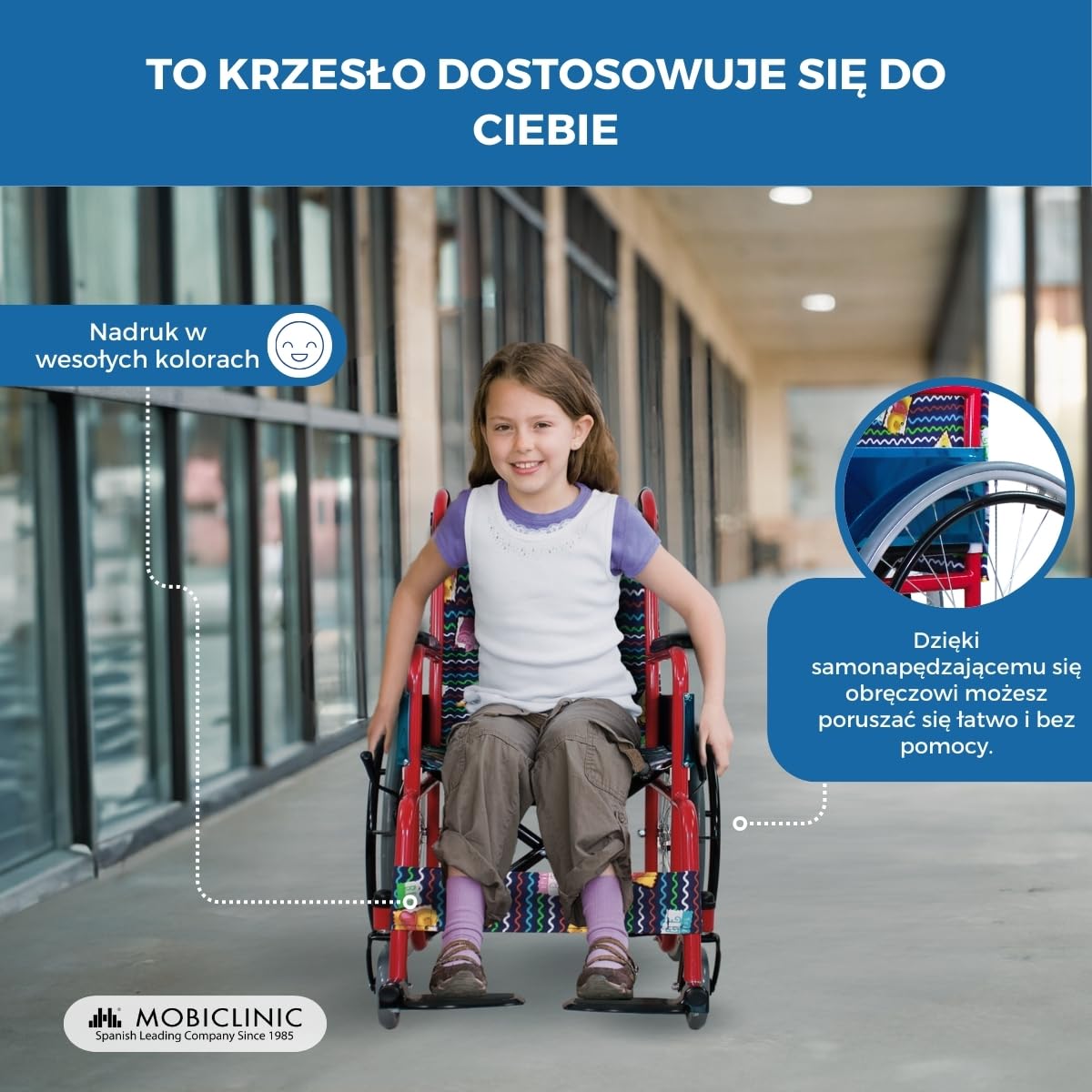 Mobiclinic, wózek inwalidzki dziecięcy, składany, hamulec na uchwytach, podnóżek i stałe ramiona, tapicerowane czerwonym nadrukiem, siedzisko, ultralekkie, model Teatro