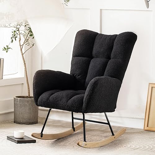 Mecedora de tela de peluche, mecedora tapizada, mecedora con bolsillo de almacenamiento, sillón con respaldo alto, cómoda silla auxiliar para sala