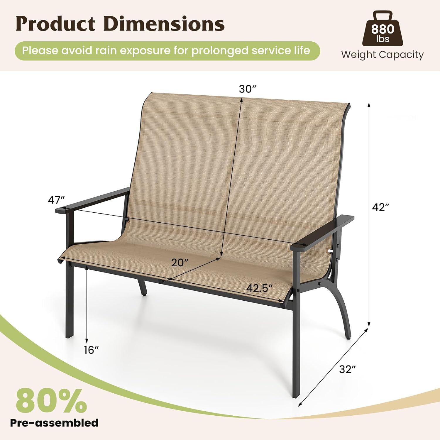 Tangkula Outdoor Adirondack Bench Chair, 2-Person Patio Garden Bench with High Back and Armrests, 880 lbs Weight Capacity, Front Porch Loveseat Furniture for Deck, Lawn and Backyard (Coffee)