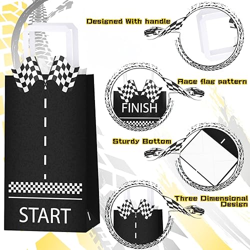 Miniatura 3 de Leinuosen 16 bolsas de regalos para autos de carreras a granel a cuadros con asas, bandera de carreras a cuadros en blanco y negro para suministros