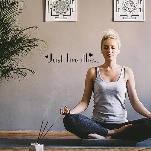 Miniatura 6 de SUPERDANT Calcomanías de pared motivacionales con citas de "Just Breathe" de vinilo para pared, citas de yoga, lema positivo, relajación, arte,