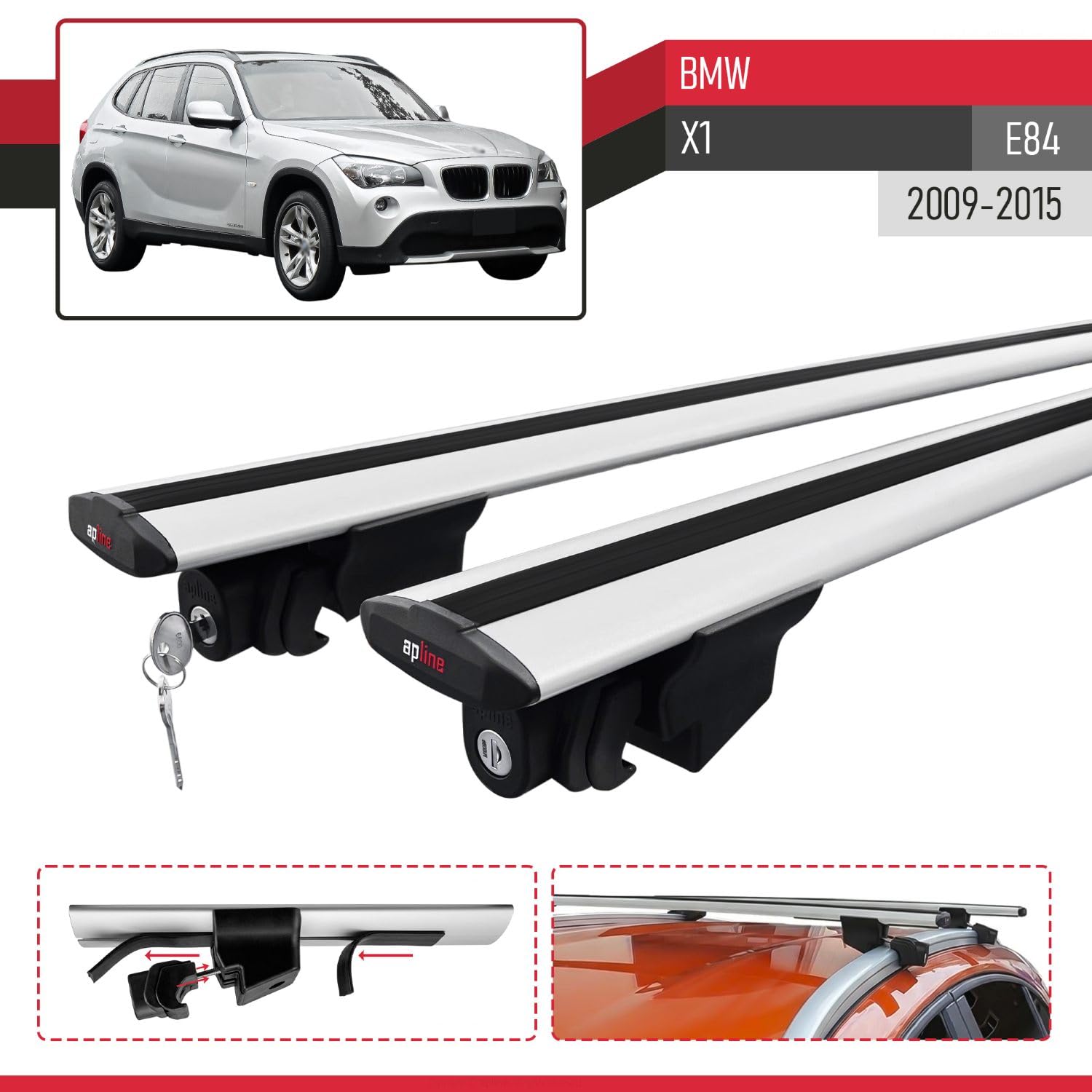 Compatible con BMW X1 (E84) 2009-2015 Modelo Hook Barra de Techo Auto Portaequipajes Barras Transversales Gris Aluminio 2 Barras