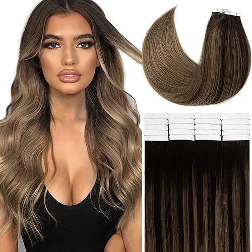 Loxxy Extensiones de cabello humano adhesivas invisibles, 100% Remy, extensiones de cabello brasileño con cinta en balayage, #2-6, marrón oscuro,