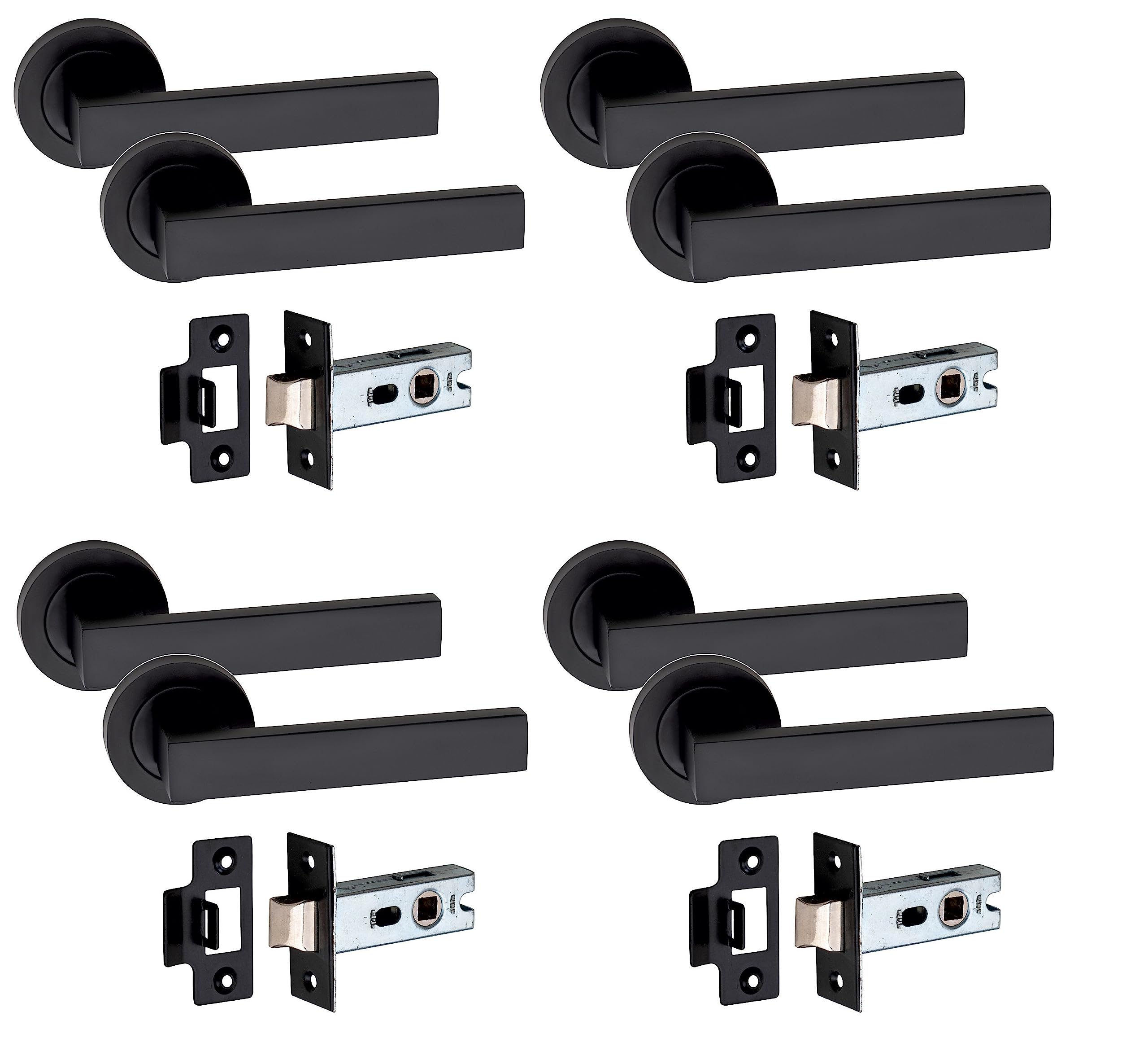 Golden Grace Matt Black Finish Delta Design Door Handles On Round Rose In With 2.5" Tubular Latch, 4 Pairs - 52Mm Diameter