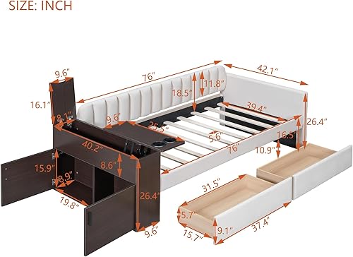 Miniatura 2 de Sofá cama tapizado con reposabrazos de almacenamiento y 2 cajones, sofá cama multifuncional de terciopelo con portavasos y un juego de puertos USB y