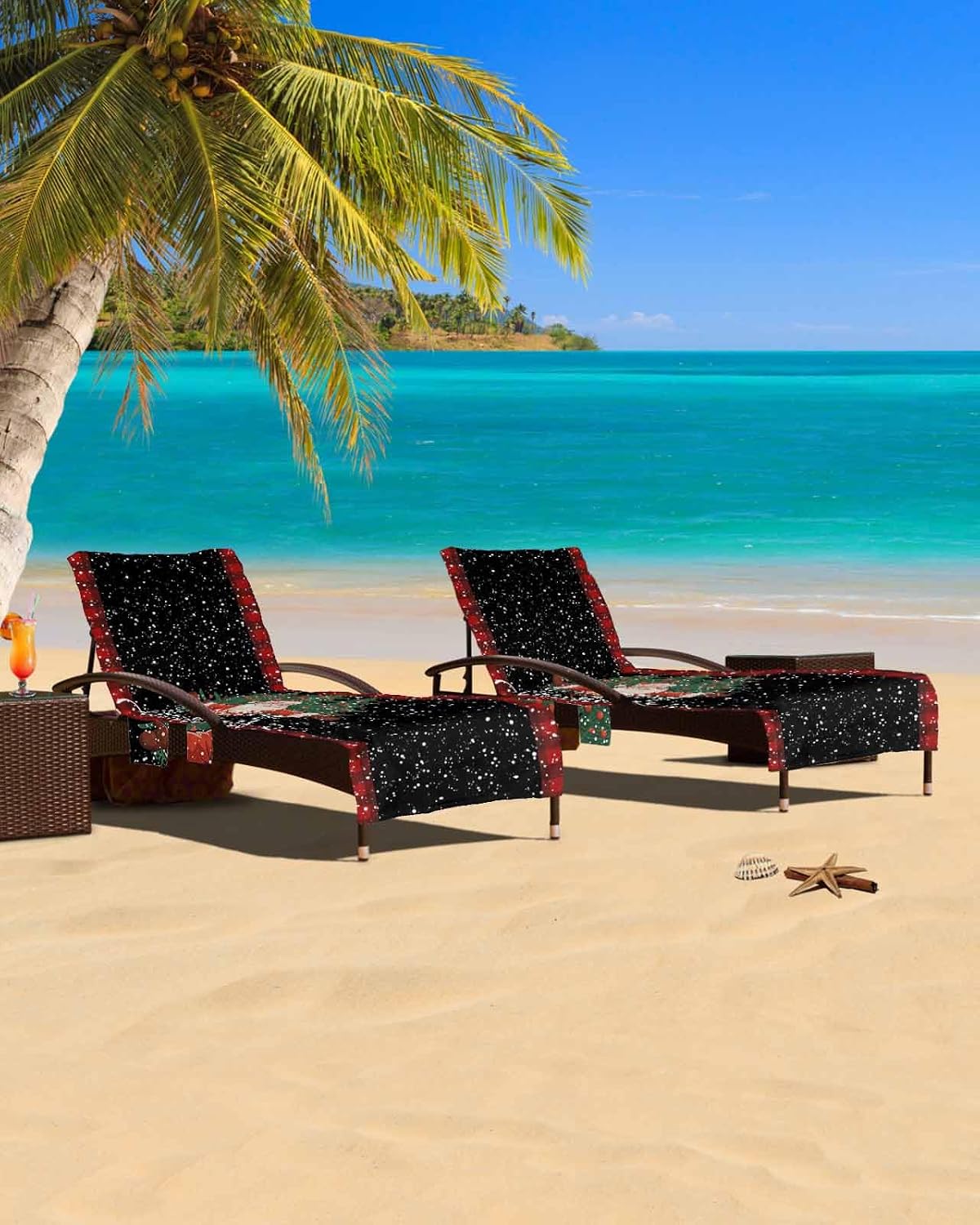 Retro Santa Beach Pool Patio Lounge Chaise Chair Cover Towel With Pockets,Absorbent & Quick Dry Microfiber Towel Cover Bag Summer Sunbathing Accessories Christmas Tree Black Snowflake Country Plaid