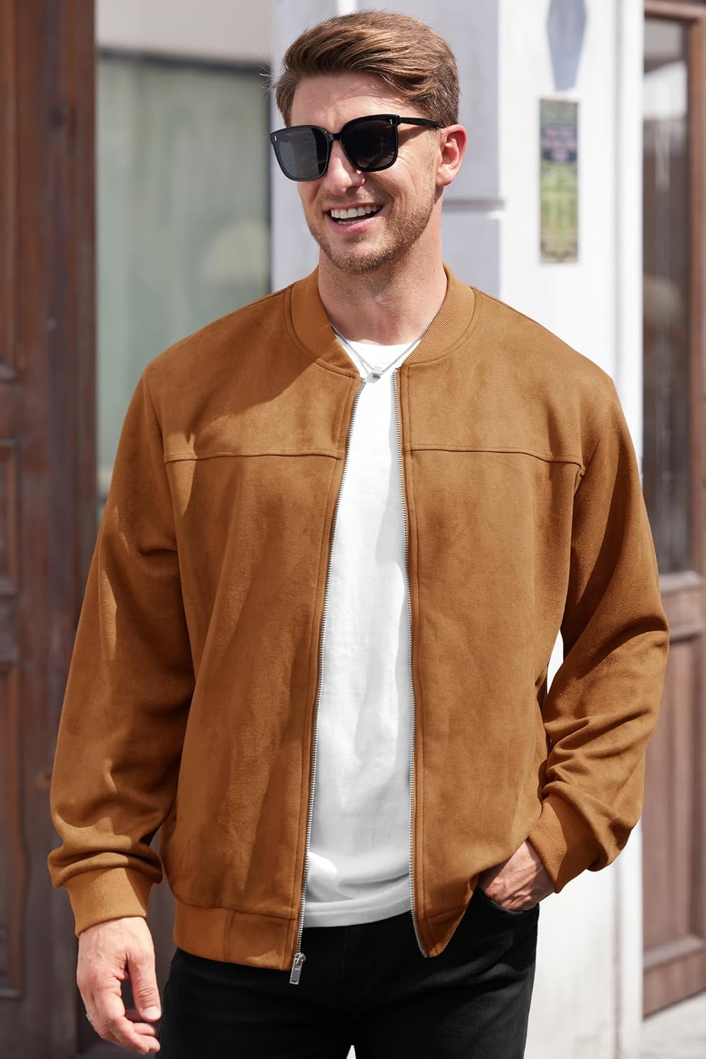 Men’s Bomber Jacket Faux Suede Midweight Casual Full-Zip Flight Coat (S-XXL) - Image 4