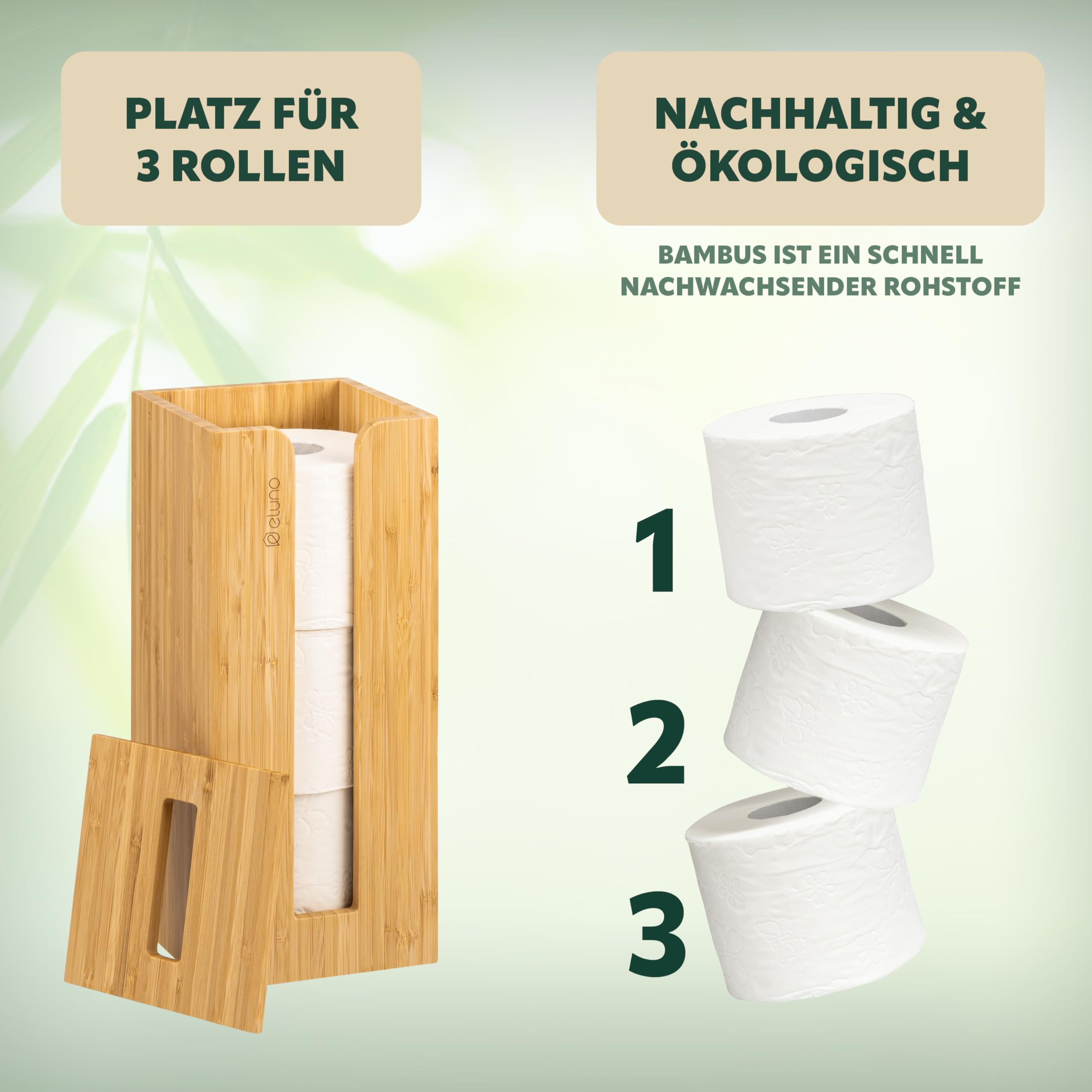 portarotolo eluno per 3 rotoli di ricambio in bambù dal design naturale, portarotolo con coperchio e ripiano, portarotolo facilmente ricaricabile, portarotolo da incollare o forare