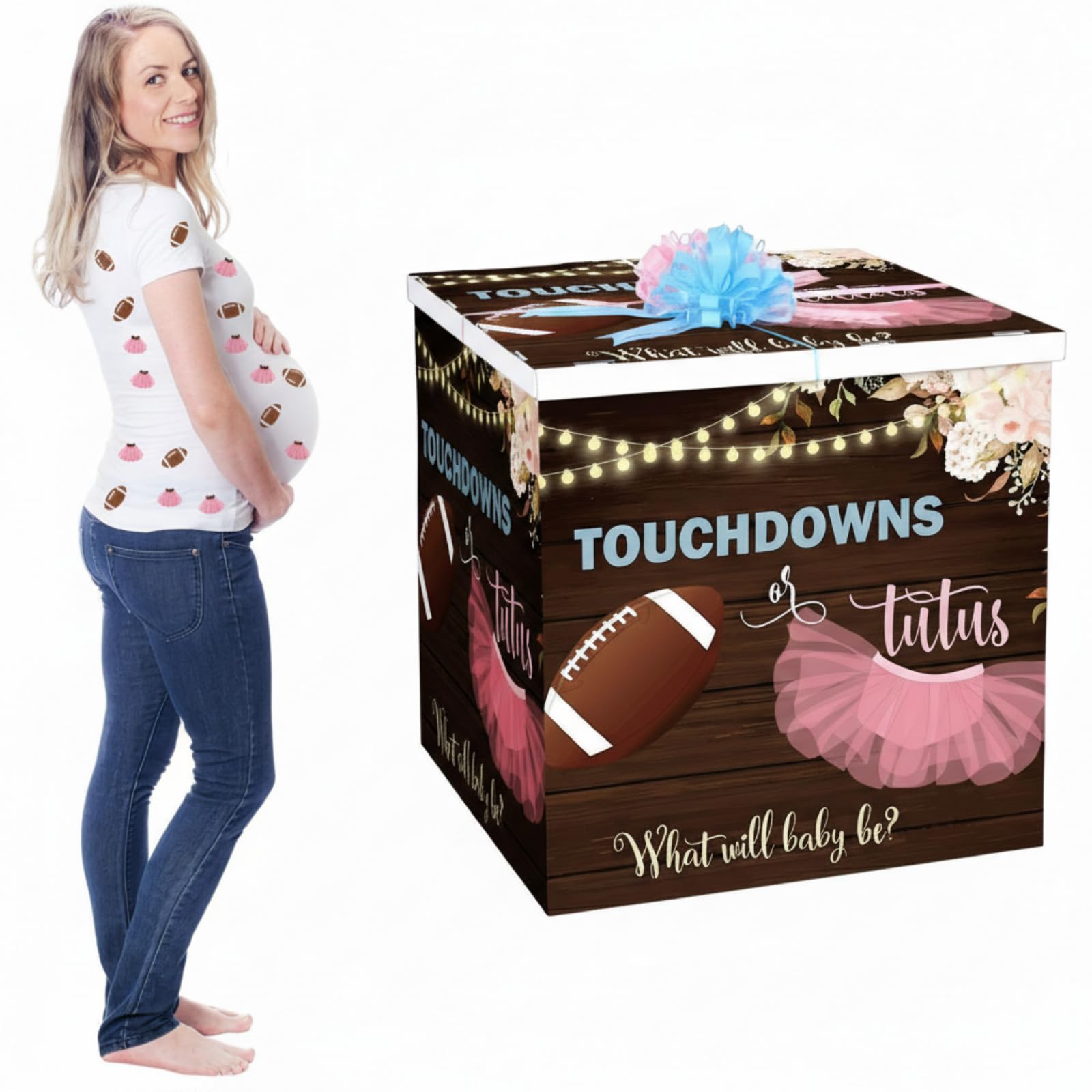 AmazingSpark 28in Jumbo Gender Reveal Gift Box Kit with Oversized Box Giant Pull Bows for Gender Reveal Baby Shower Birthday Party Decor(Touchdown or Tutus)