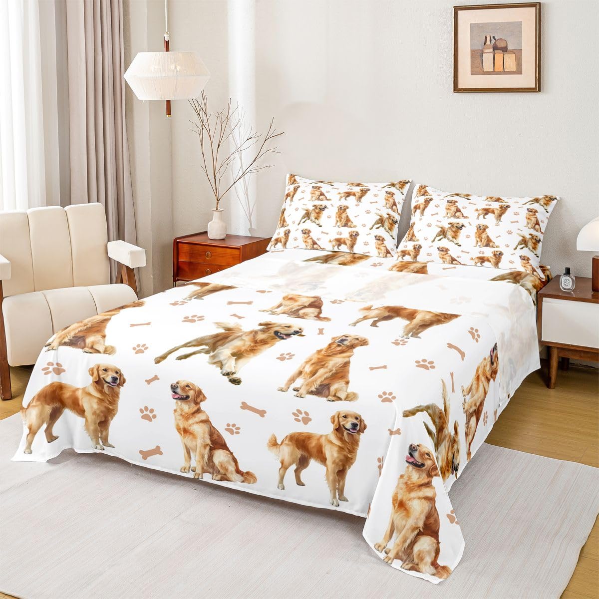 Homewish Golden Retriever Bettlaken-Set für Queen-Size-Betten, 4-teilig, Aquarell, niedliches Hunde-Bettwäsche-Set für Kinder, Jungen, Mädchen, Teenager, Cartoon-Pfotenabdruck, Bettlaken-Set mit