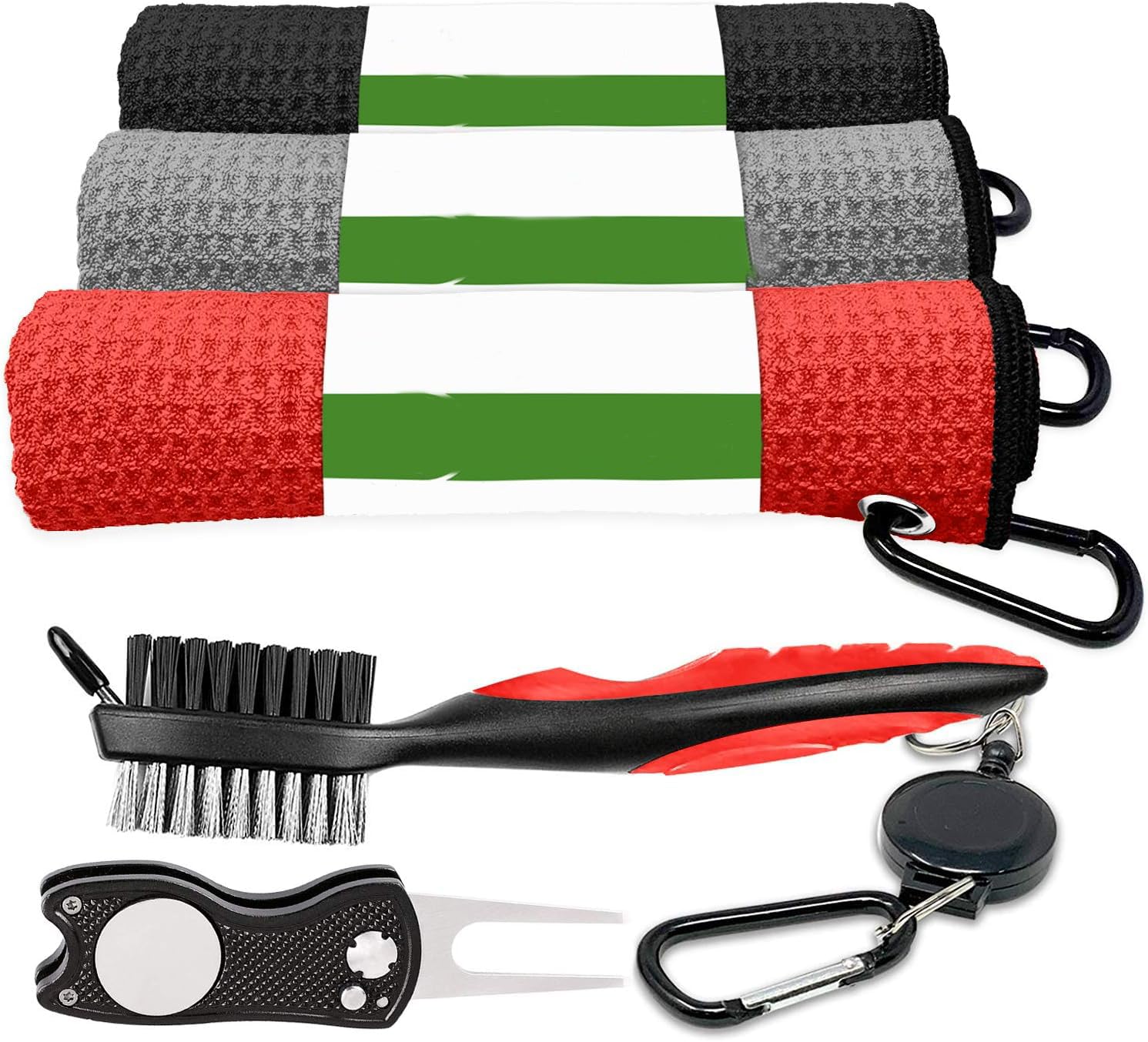 Posoto Golf Towel - 3 Pack Absorbent Microfibre Waffle Towels with Clip - Golf Bag Accessories Set with Retractable Club Cleaning Brush and Foldable Divot Tool (Red)