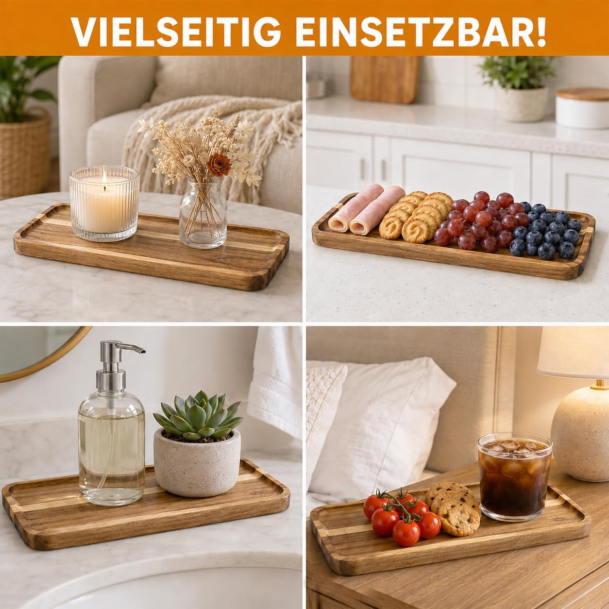 6 Stück Servierplatten aus Akazienholz, Rechteckige Holztabletts 35,5 x 14 x 1,5 cm, Holz Servierbrett für Käse, Snacks, Vorspeisen, Obst, Dessert, Charcuterie, Küche, Café und Party