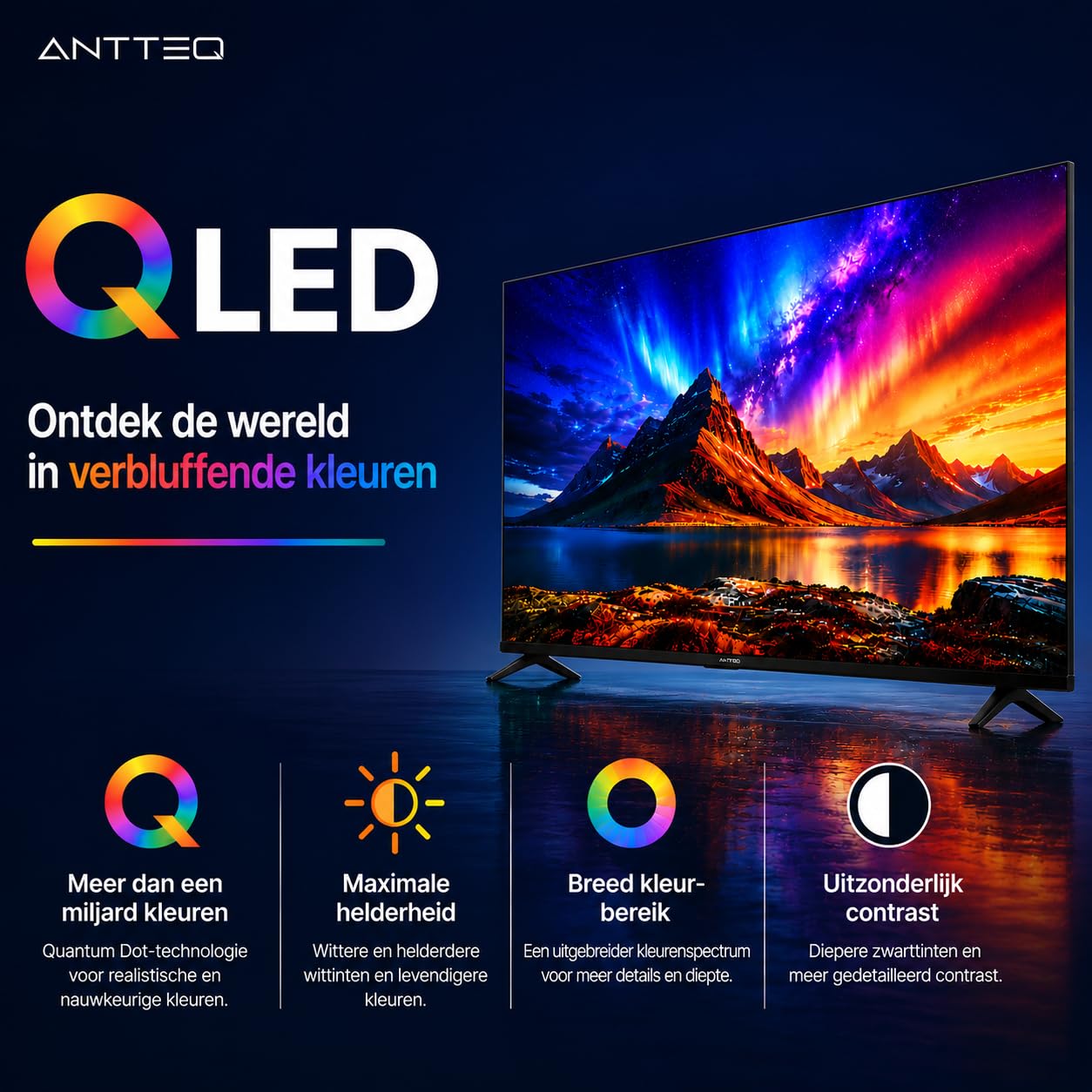 Antteq AV40F5Q 2K QLED Fernseher 40 Zoll Smart TV Full HD Bluetooth mit HDR Triple Tuner (DVB-C/-S2/-T2), App Store, Netflix, Prime Video, Rakuten TV, DAZN, YouTube, WiFi, Hotelmodus