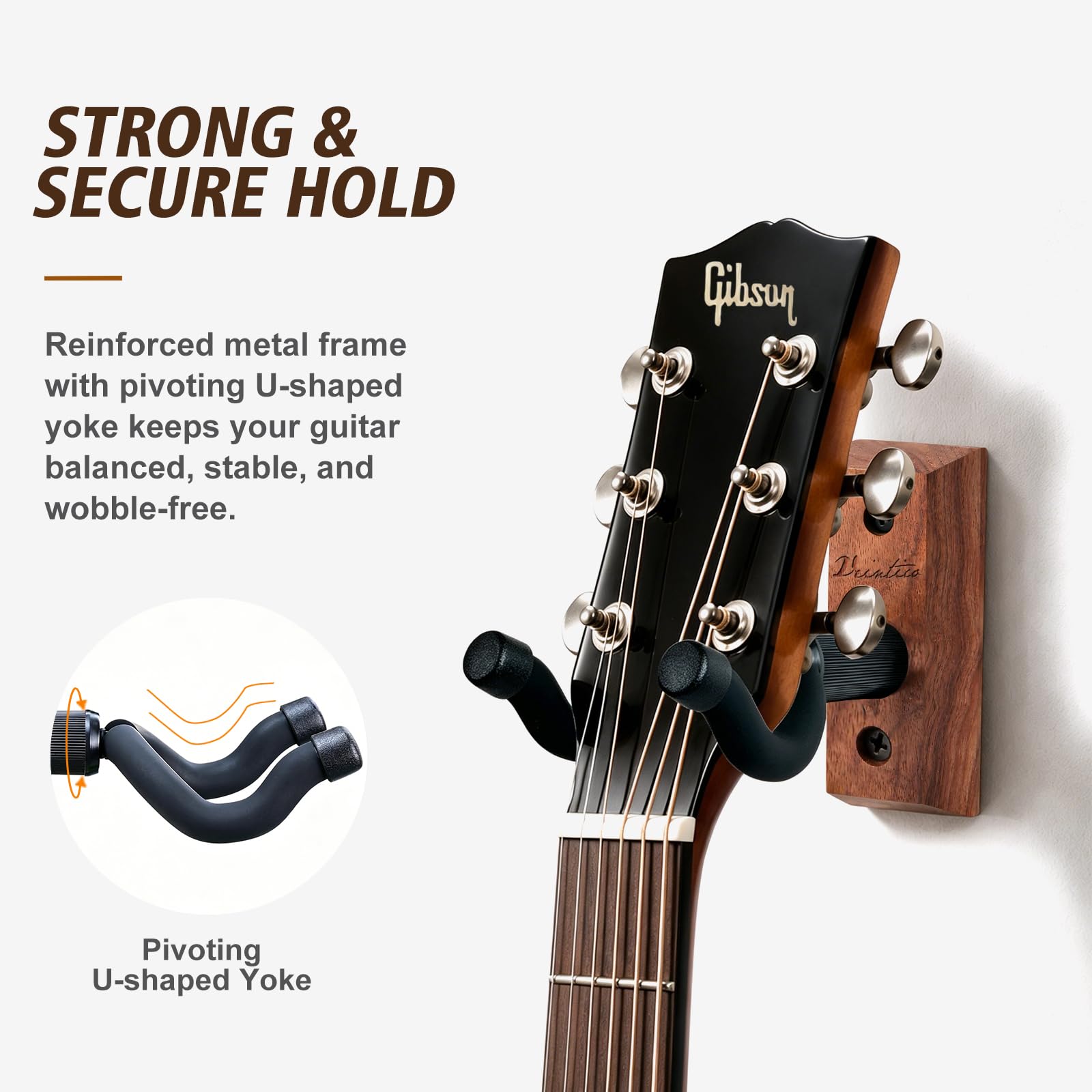 Paquete de 4 soportes de pared para guitarra, ganchos para guitarra, soportes para guitarras acústicas y eléctricas, bajo, banjo, mandolina, base de madera de nogal negro.