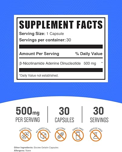 Miniatura 2 de BulkSupplements. Com NAD Cápsulas - Nicotinamida Adenina Dinucleótido, Suplemento NAD 500mg - para apoyo energético, puro y sin gluten, 1 cápsula