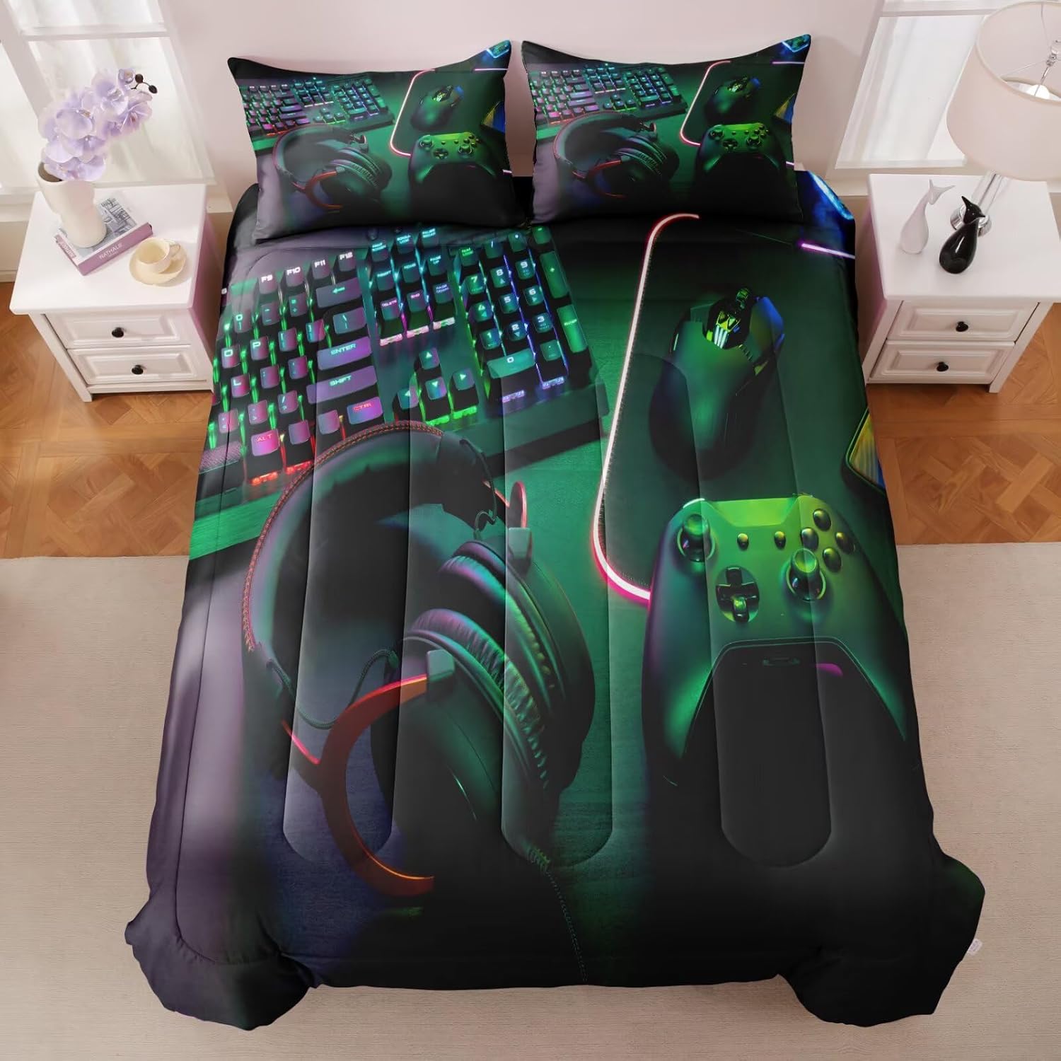 6 Pieces Gamer Comforter Set Twin for Boys,Gaming Bedding Set for Kids Teens Video Game Bed Set,Twin Boy Bed in a Bag (1 Comforter,1 Flat Sheet,1 Fitted Sheet,2 Pillow Shams,1 Pillowcases) - Image 2