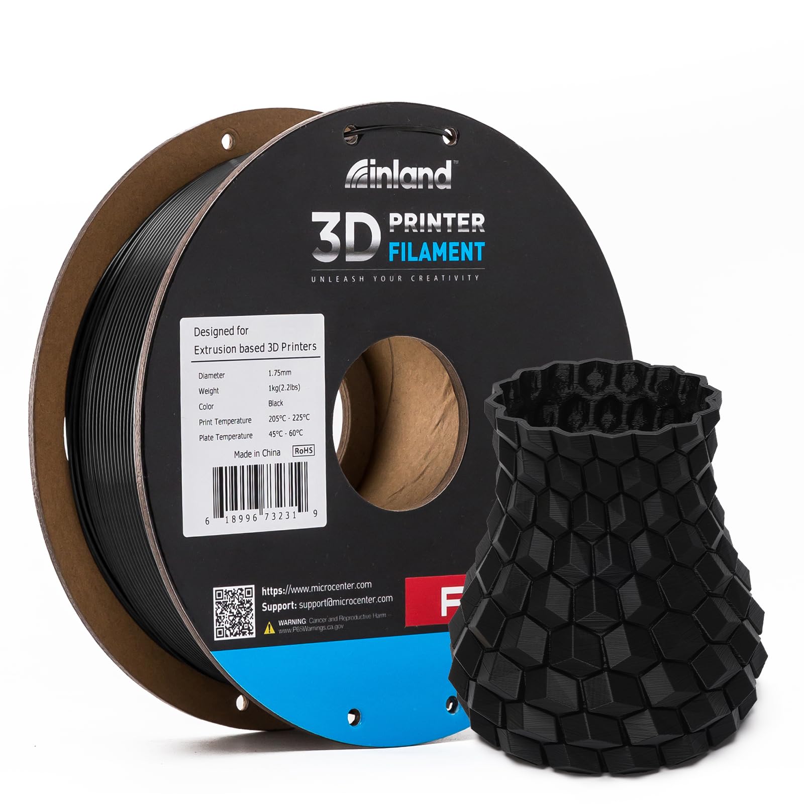 INLAND Micro Center PLA+ 3D Printing Filament 1.75mm - PLA Pro Dimensional Accuracy +/- 0.03 mm - 1kg Cardboard Spool (2.2 lbs) (1 Pack Black, 1.75mm)