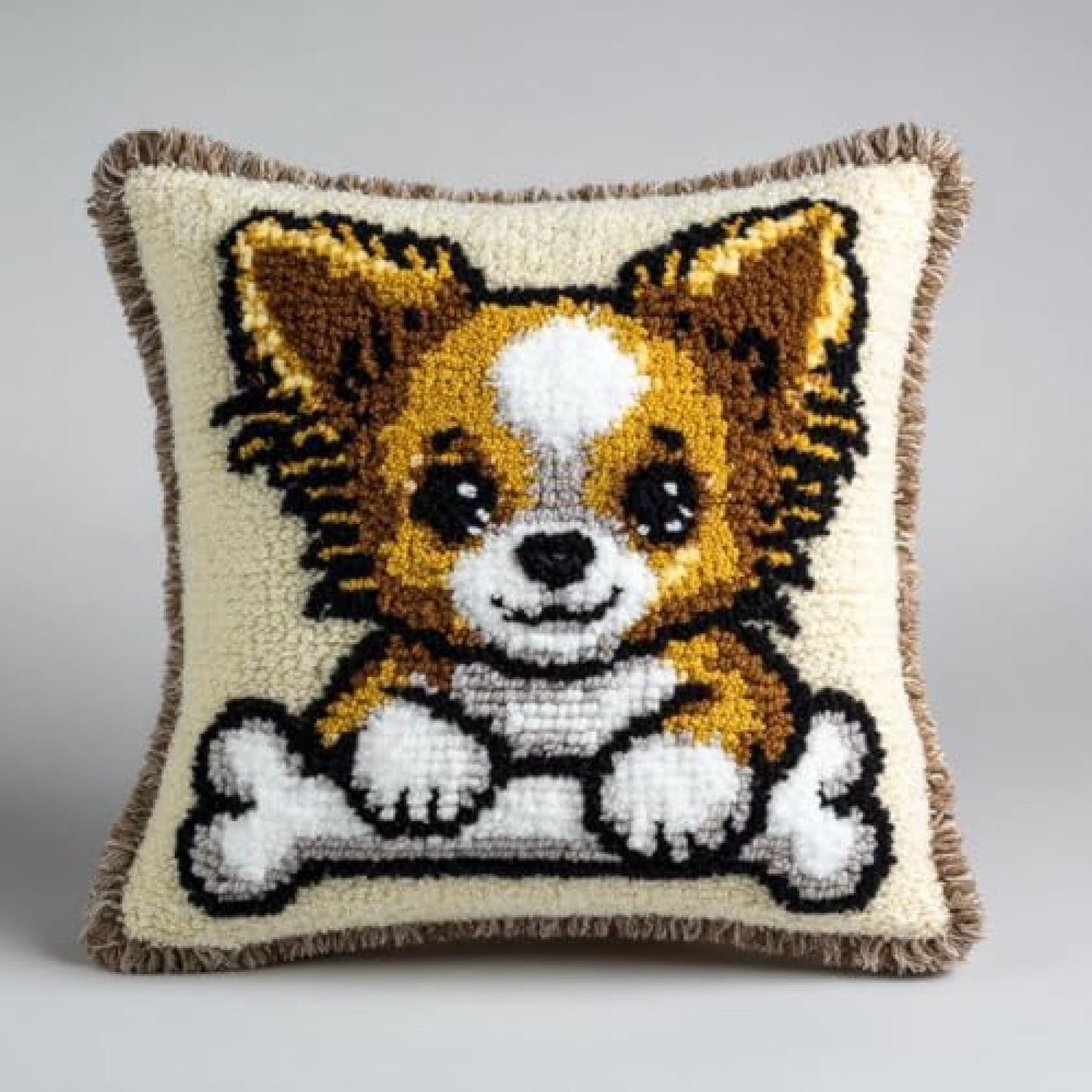 kitphoenix Beginner Latch Hook Cushion Cover Craft Kit,Chihuahua Long Hair and Bone,DIY Pillow Cover Making Set with Pre-Cut Yarn and Hook,43x43 cm