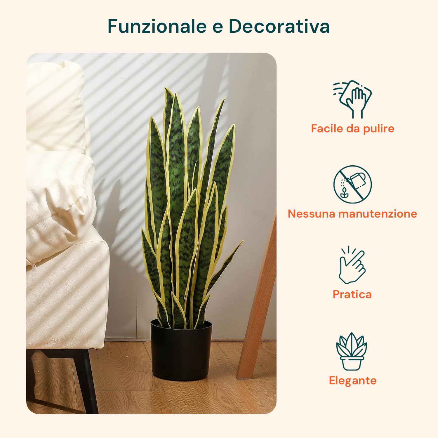 Wintem Pianta di Sansevieria Artificiale con 21 Foglie in Polietilene, Alta 75 cm con Vaso Ø15x12,3 cm - Pianta Finta Ideale per Interni, Decorazione Casa