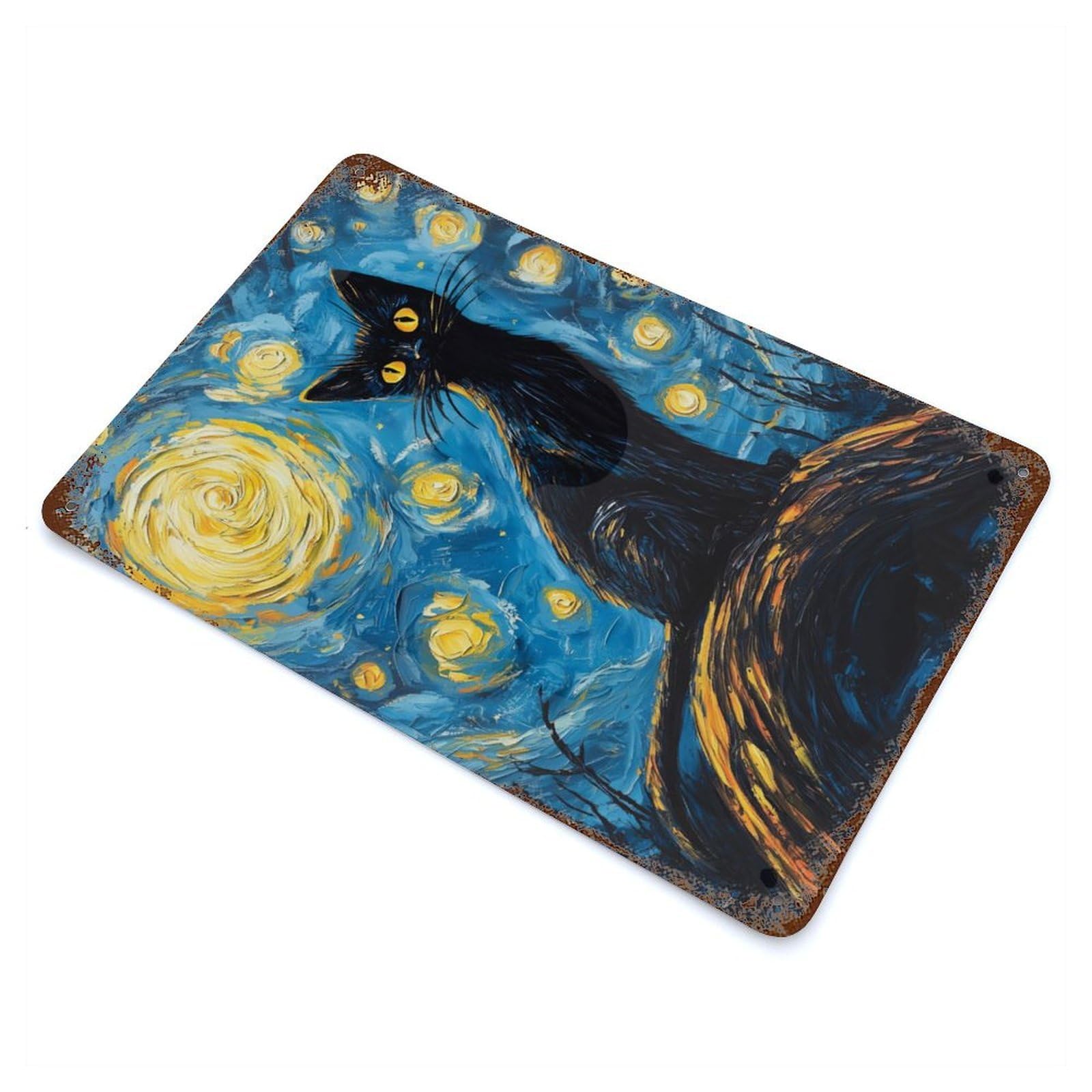 Distressed Metal Wall Sign with Black Cat Starry Night Sky Design 11.8"x7.9", for Farmhouse, Kitchen And Entryway Decor, Old School Wall Decor