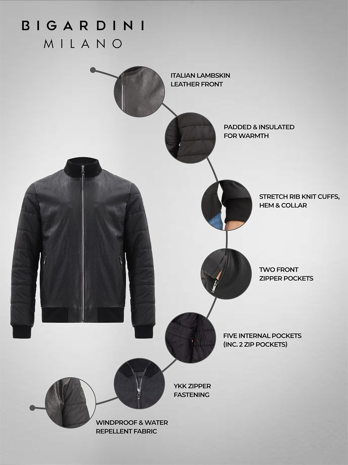 Bigardini Men's Italian Lambskin Leather Puffer Jacket - Black