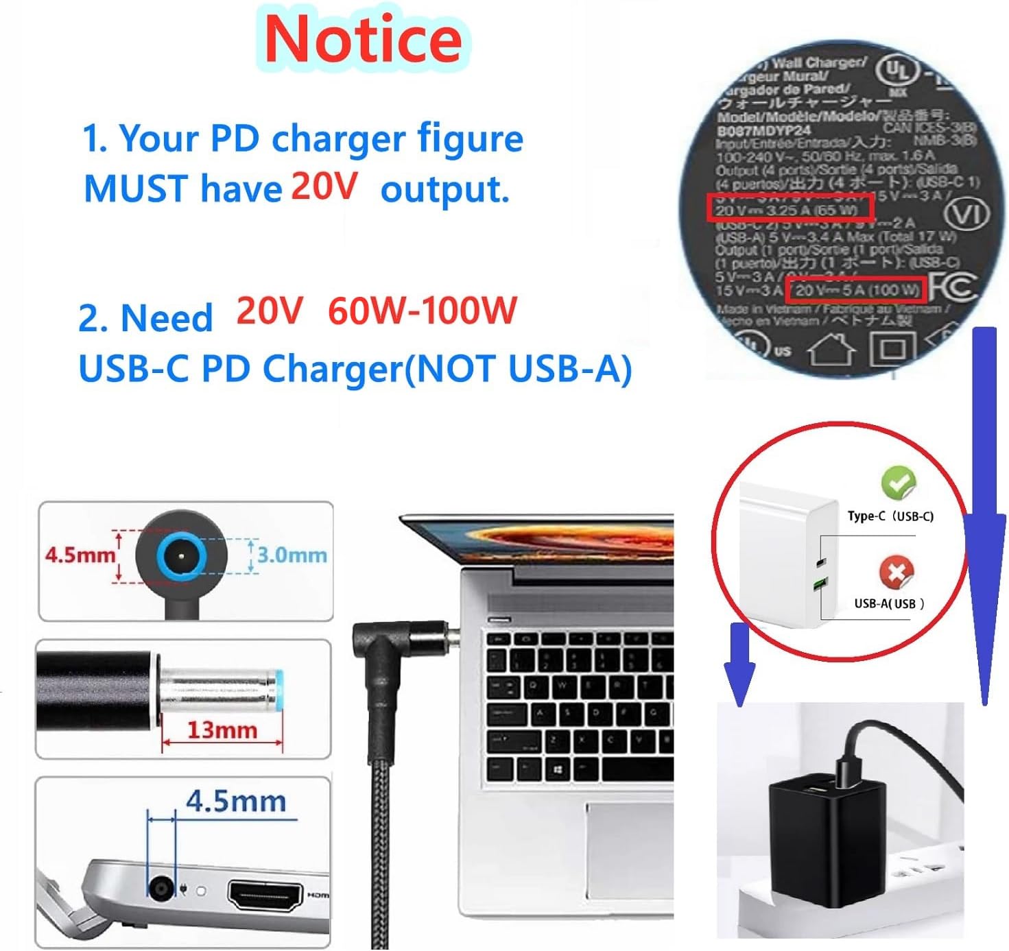 USB C to 4.5mm Laptop Charging Cable, USB Type C Male to DC 4.5 x 3.0mm Converter Cord, 6.5ft 100W PD Power Charger Cable for Pavilion Spectre Chromebook HP,Stream 11 13 14 15 image 2