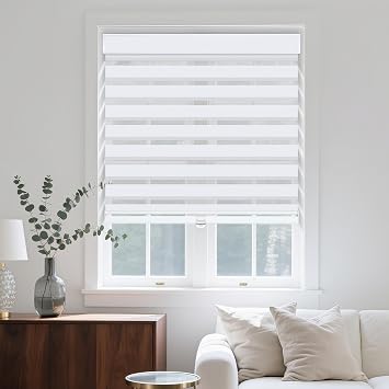 Cordless Zebra Blinds for Windows, Dual Layer Day Night Light Filtering Privacy Window Shades, Free-Stop Pull Down Roller Shades for Home, Office, Bedroom, Curved ValanceJacquard-White, Custom Size